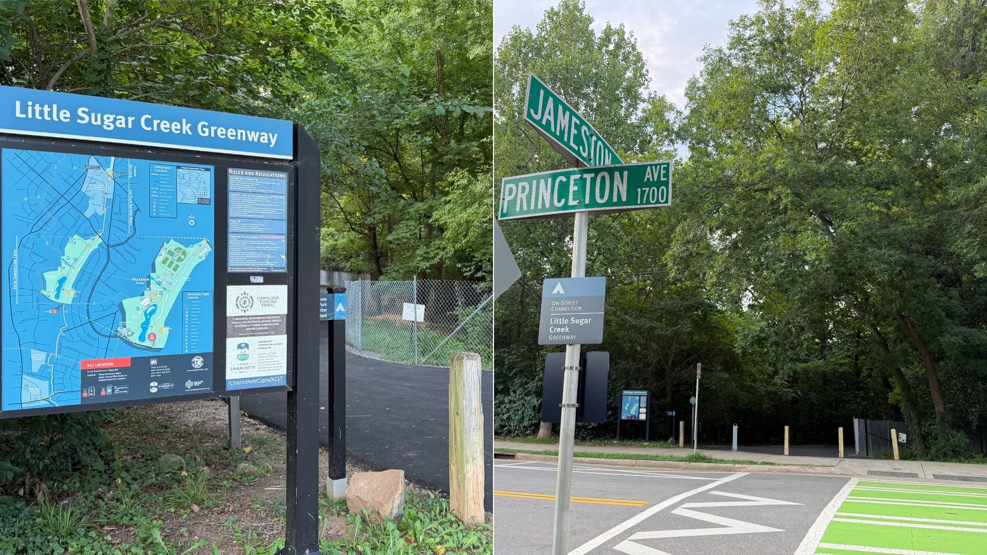 Split image of Little Sugar Creek Greenway: left features a bright blue sign with a large trail map; right shows green street signs reading 'James St' and 'Princeton Ave' amid leafy trees.