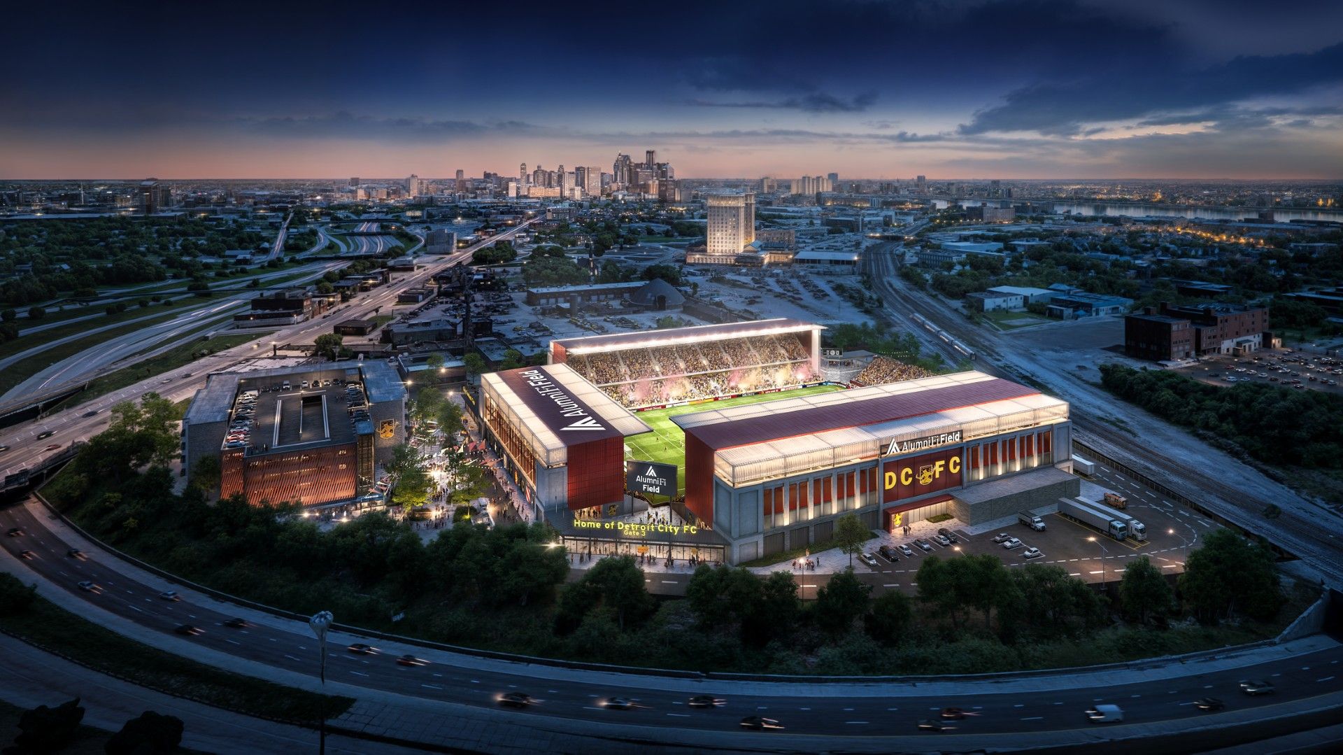 A rendering showing an aerial view of Detroit City FC's proposed stadium.