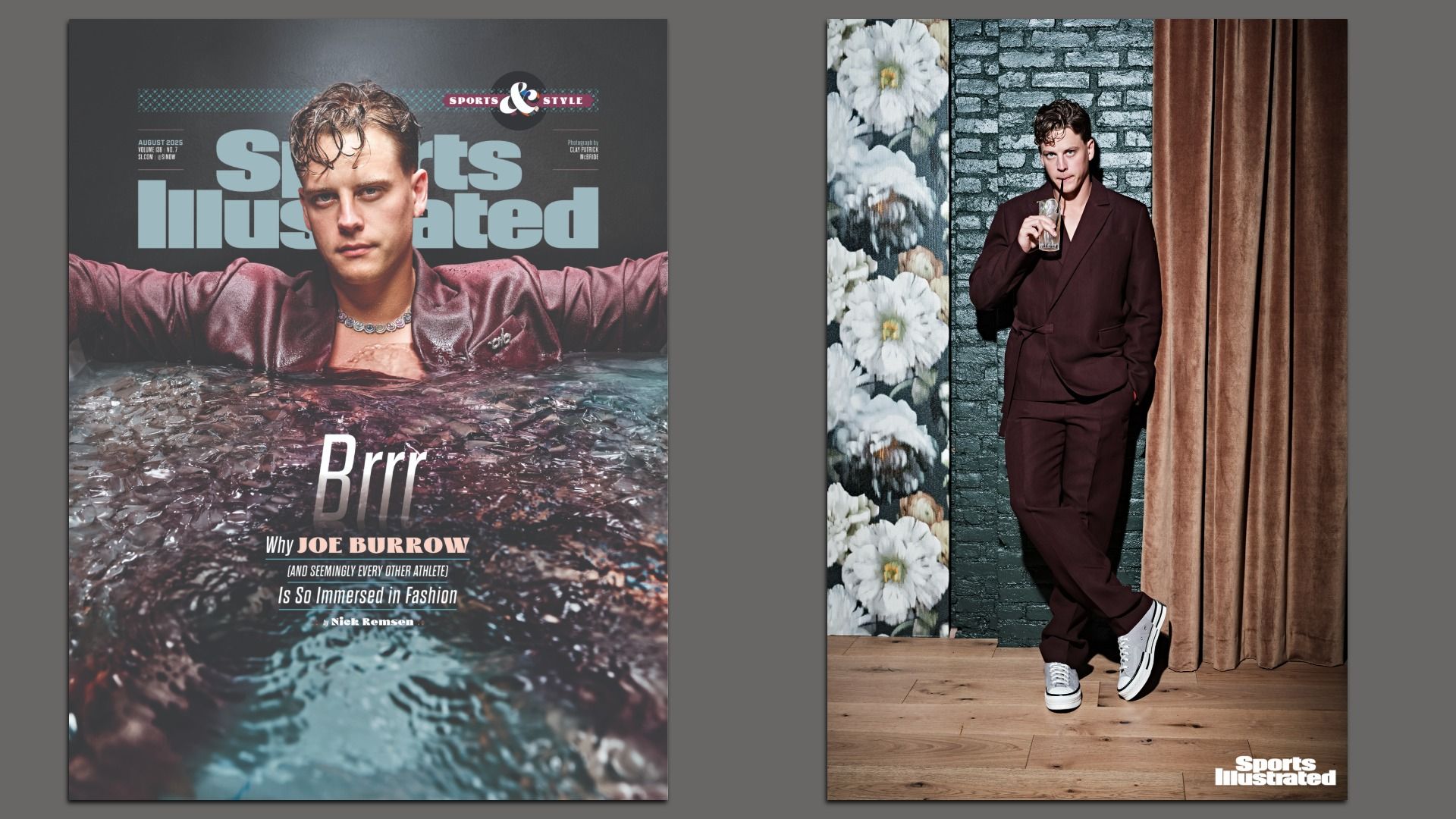 Two side by side images of Joe Burrow posing for Sports Illustrated. At left, he's shown on the cover.
