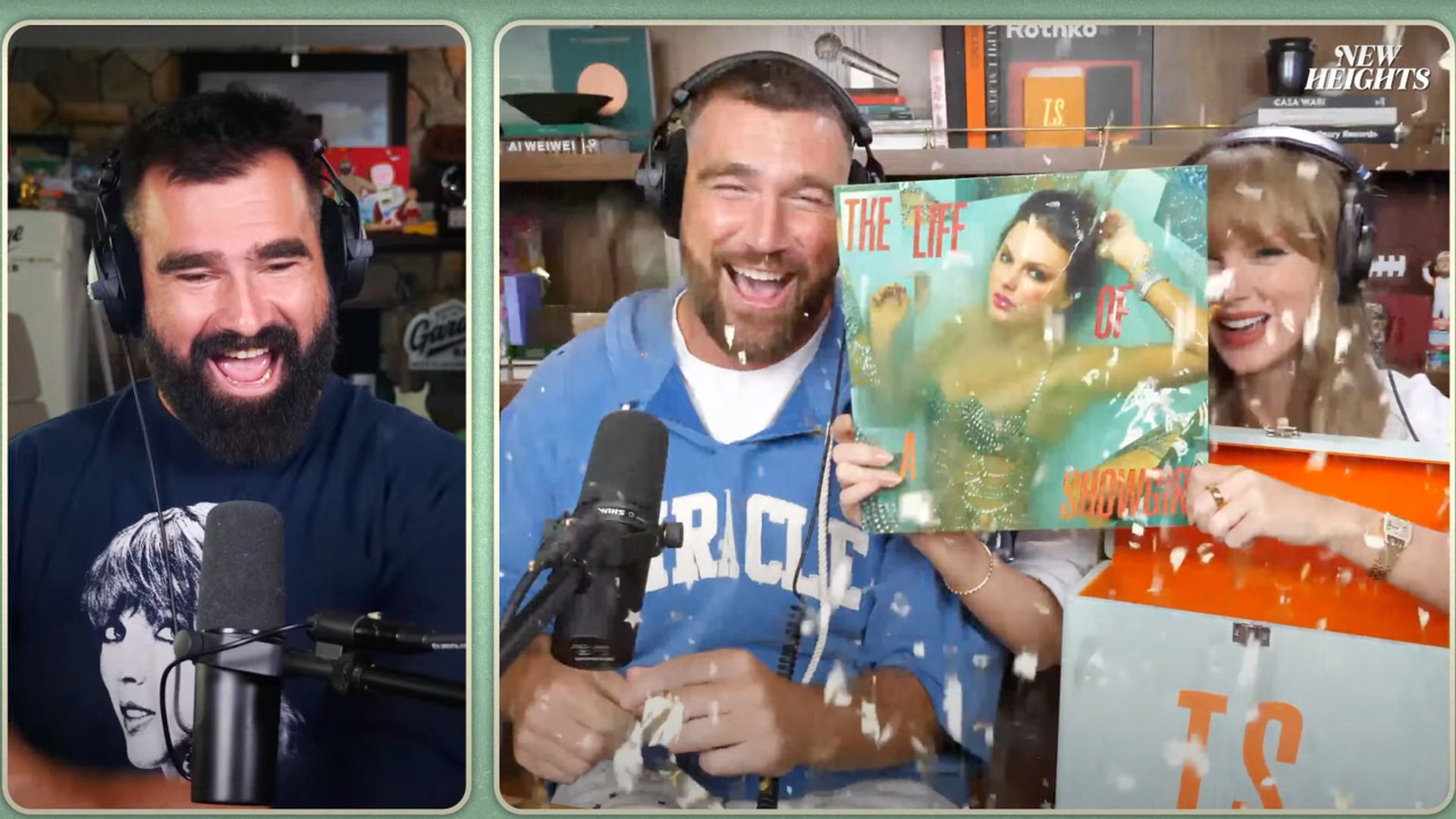 Taylor Swift displays the cover of her upcoming album "The Life of a Showgirl" on the "New Heights" podcast with Jason and Travis Kelce.
