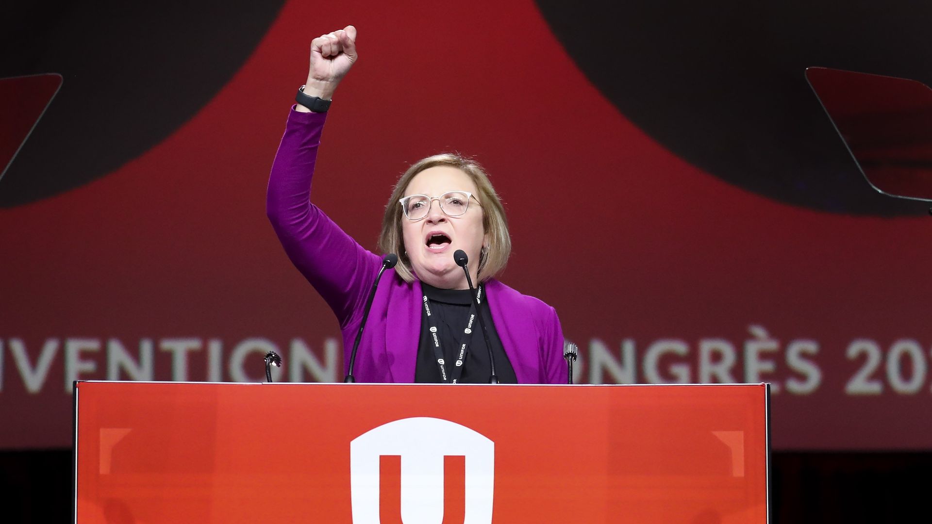 Lana Payne speaks to the delegates after being elected the new president of UNIFOR, Canada's largest private sector union, at the Metro Toronto Convention Centre on August 10, 2022. 