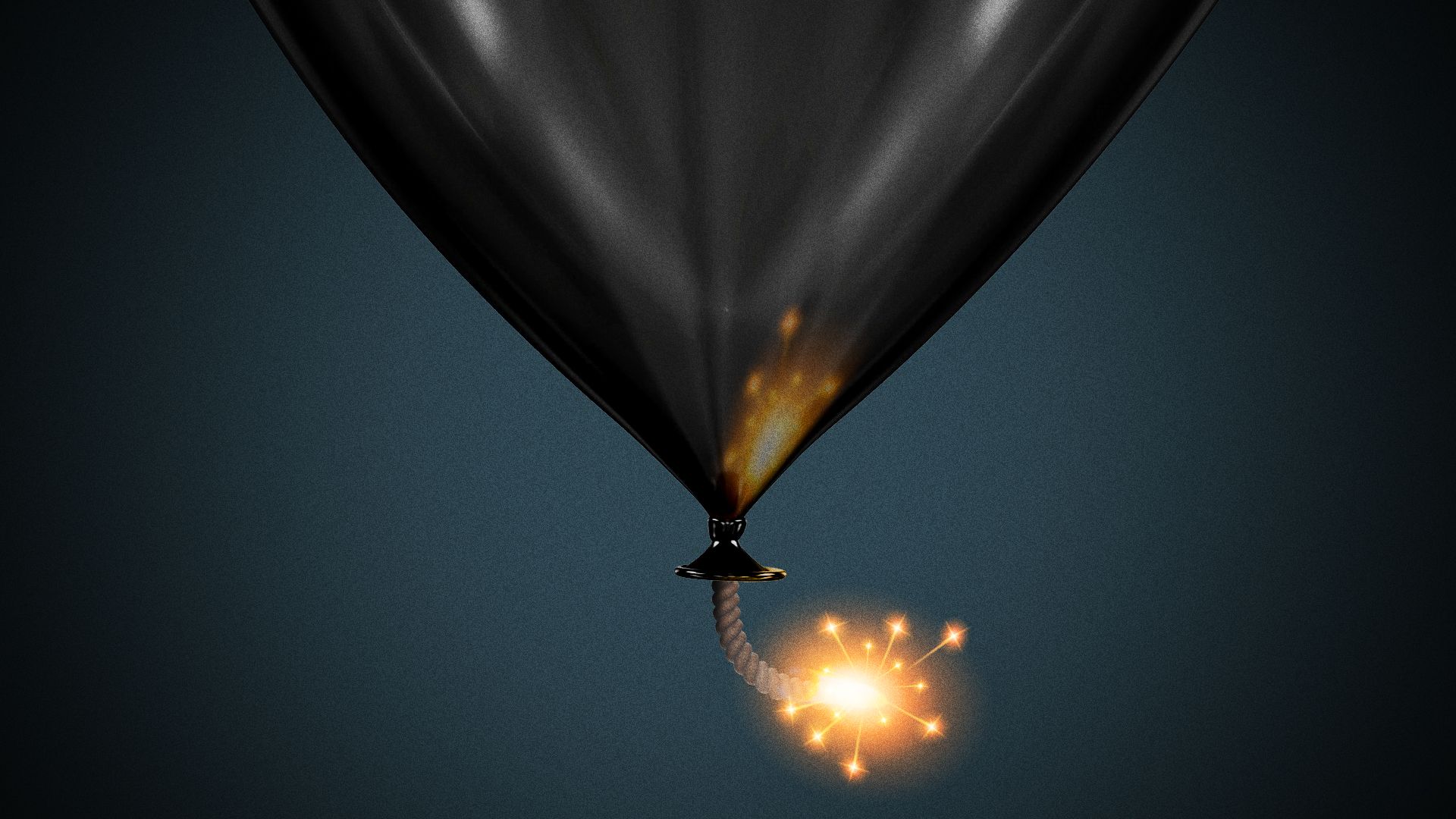 Illustration of a black balloon with a lit sparkler fuse at the tied end, glowing with bright orange sparks against a dark background.