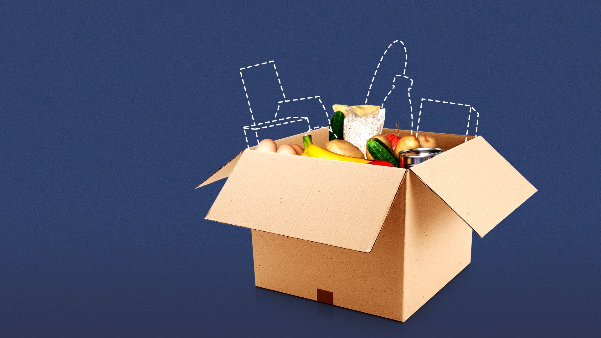 Illustration of a box that contains some food and dotted outlines of food that is missing. 