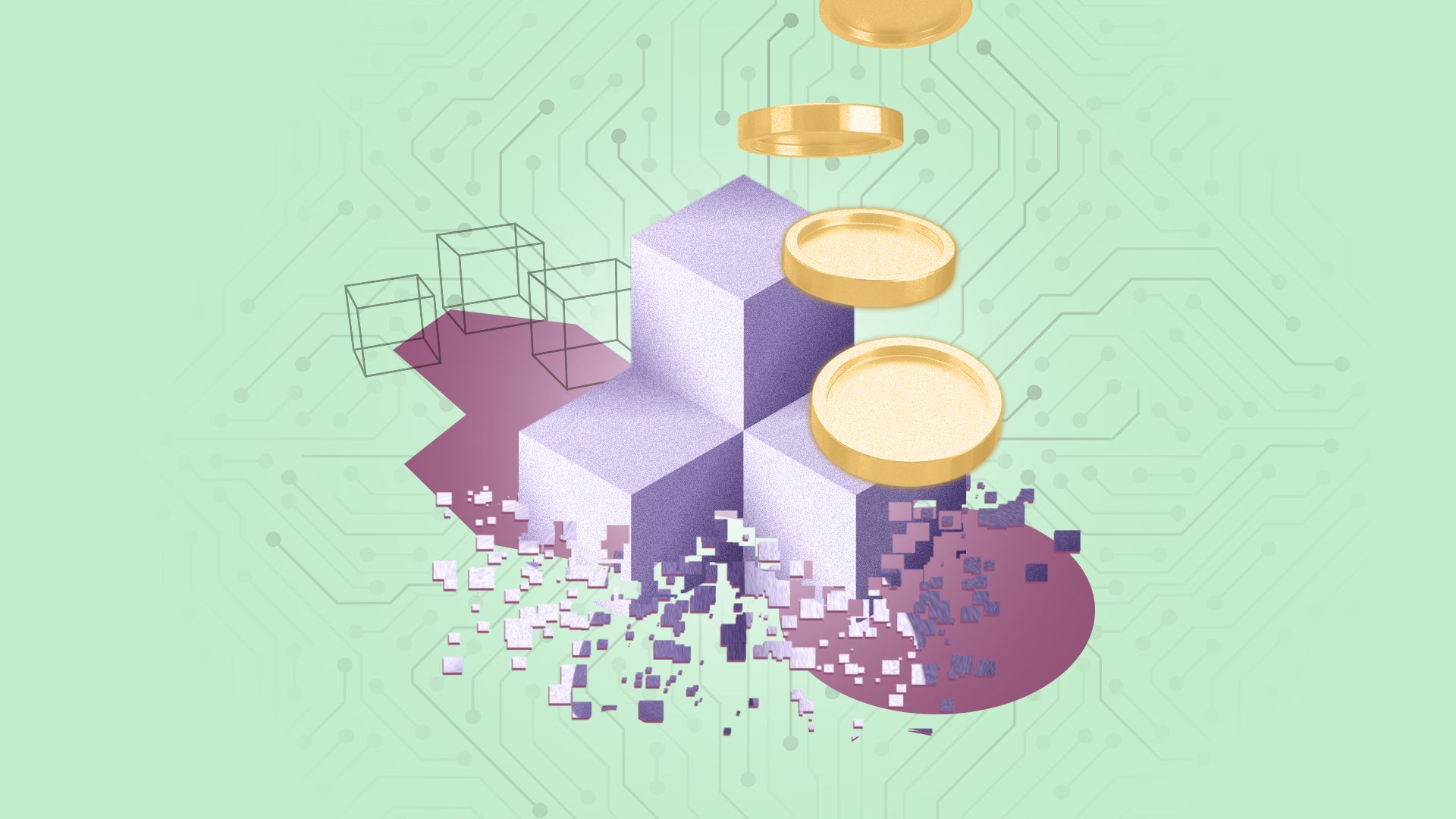 Illustration of cubes that become pixelated, digital coins, assorted shapes, and digital infrastructure.