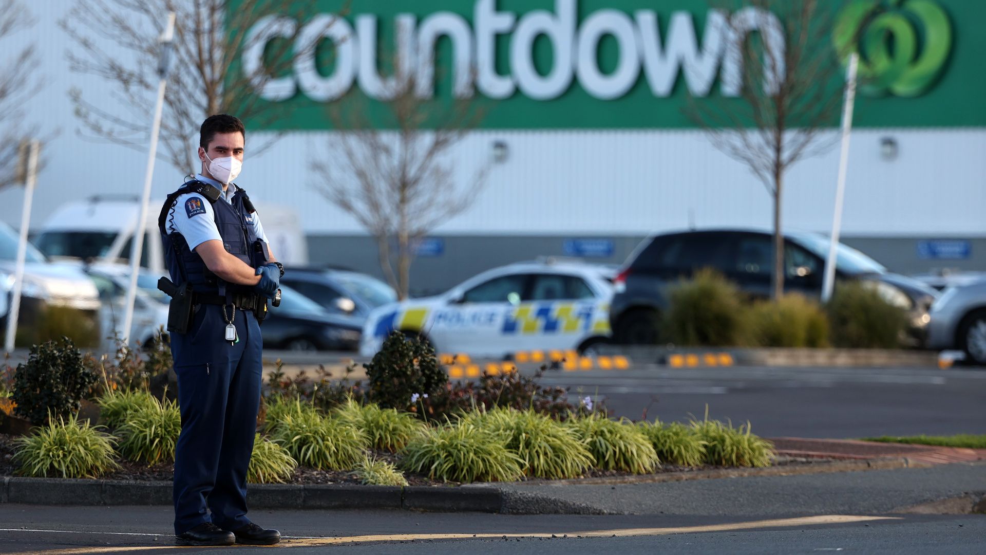  Armed police patrol the area around Countdown LynnMall after a mass stabbing incident on September 03, 2021 in Auckland, New Zealand. 