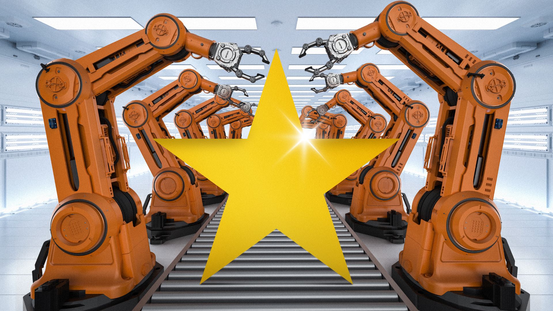 Illustration of a star on an assembly line of robotic arms.