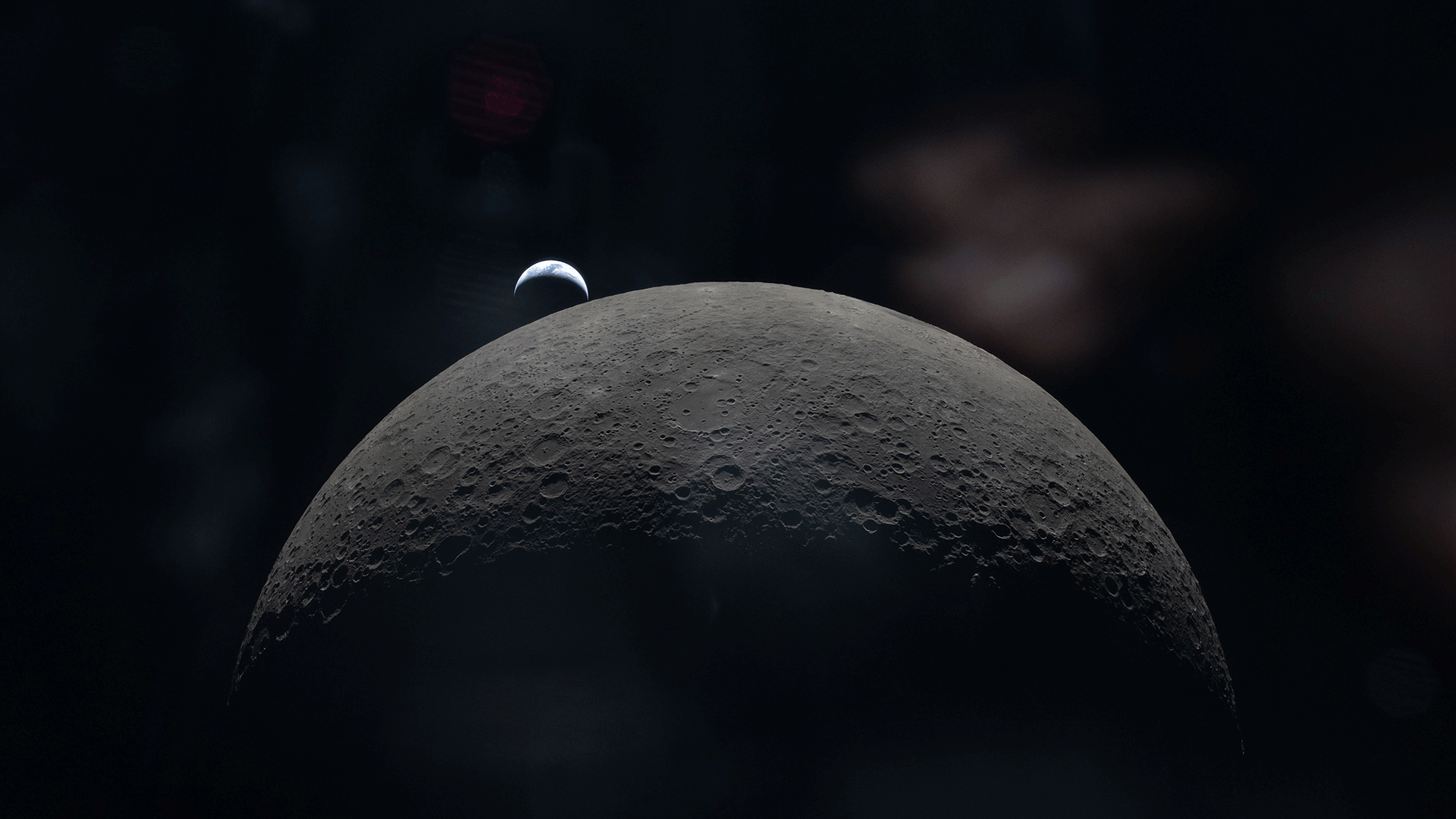 Animated series of images showing a close-up of the Moon's cratered surface in the foreground, with Earth visible and moving downwards behind.