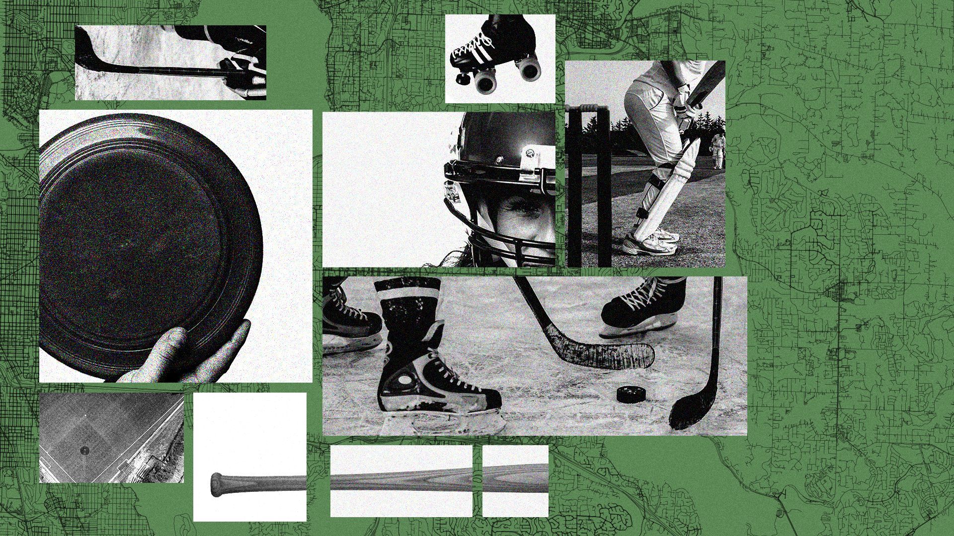 Illustration of various sports imagery in a grid overlaying a map of Seattle.