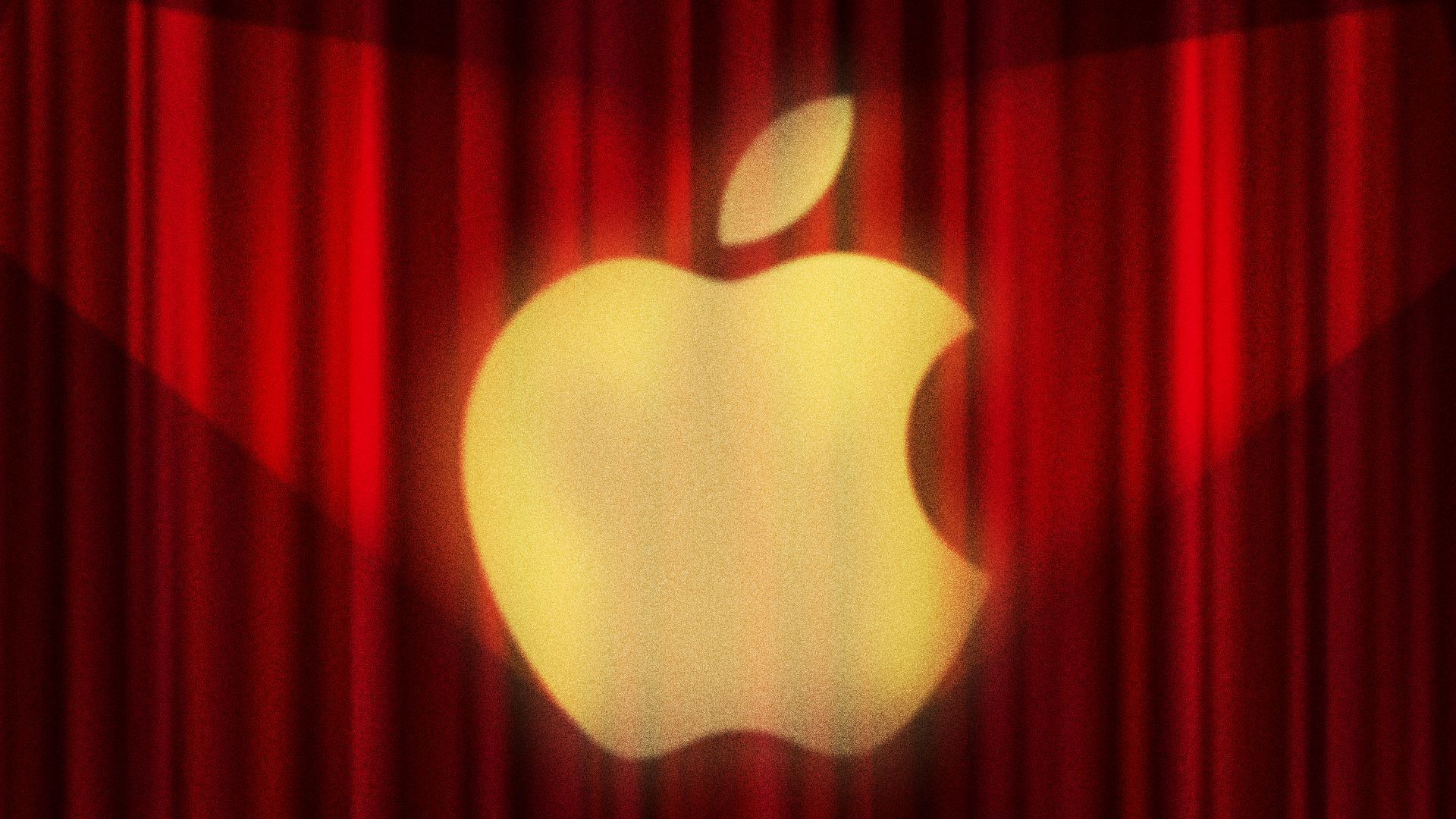 Illustration of the Apple logo projected onto a curtained stage.