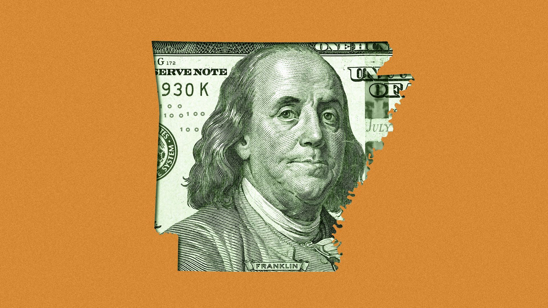 Illustration of a hundred-dollar bill masked by the shape of the state of Arkansas.