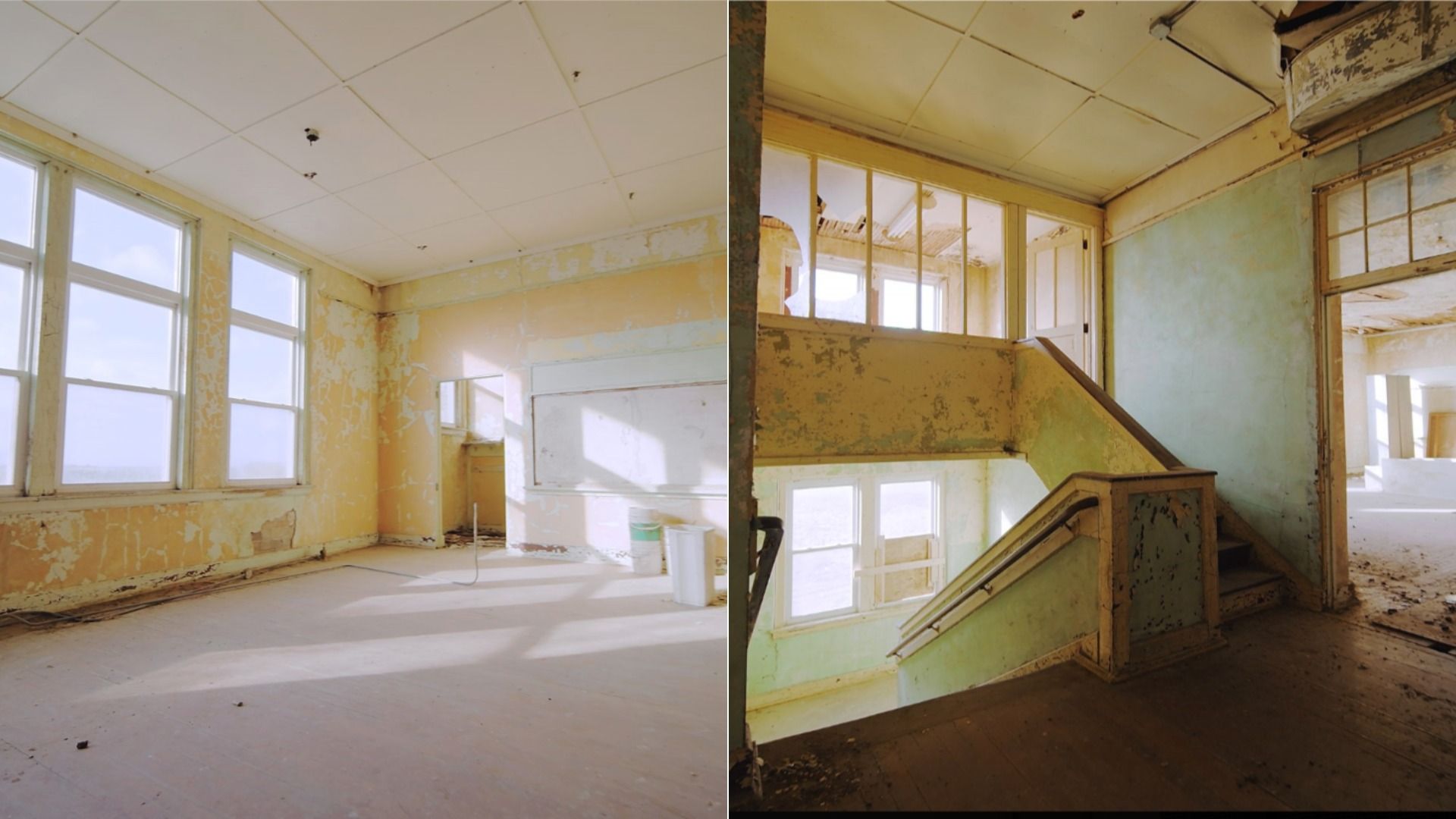 Split-view of an abandoned building: left shows a sunlit yellow room with peeling plaster, large windows, and a whiteboard; right shows a green stairwell with chipped paint, broken windows, and debris.
