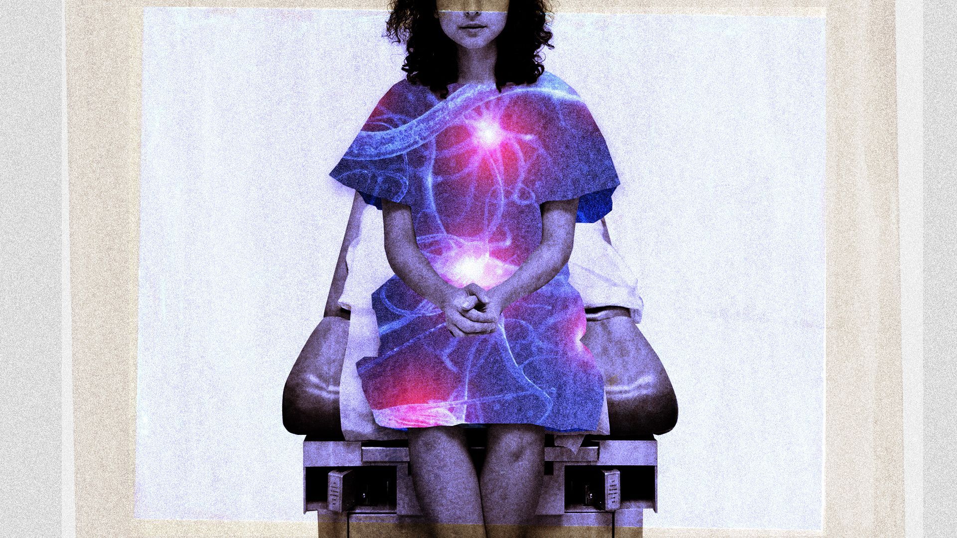 Illustration of a woman sitting on an exam table with a robe with neuron imagery on it