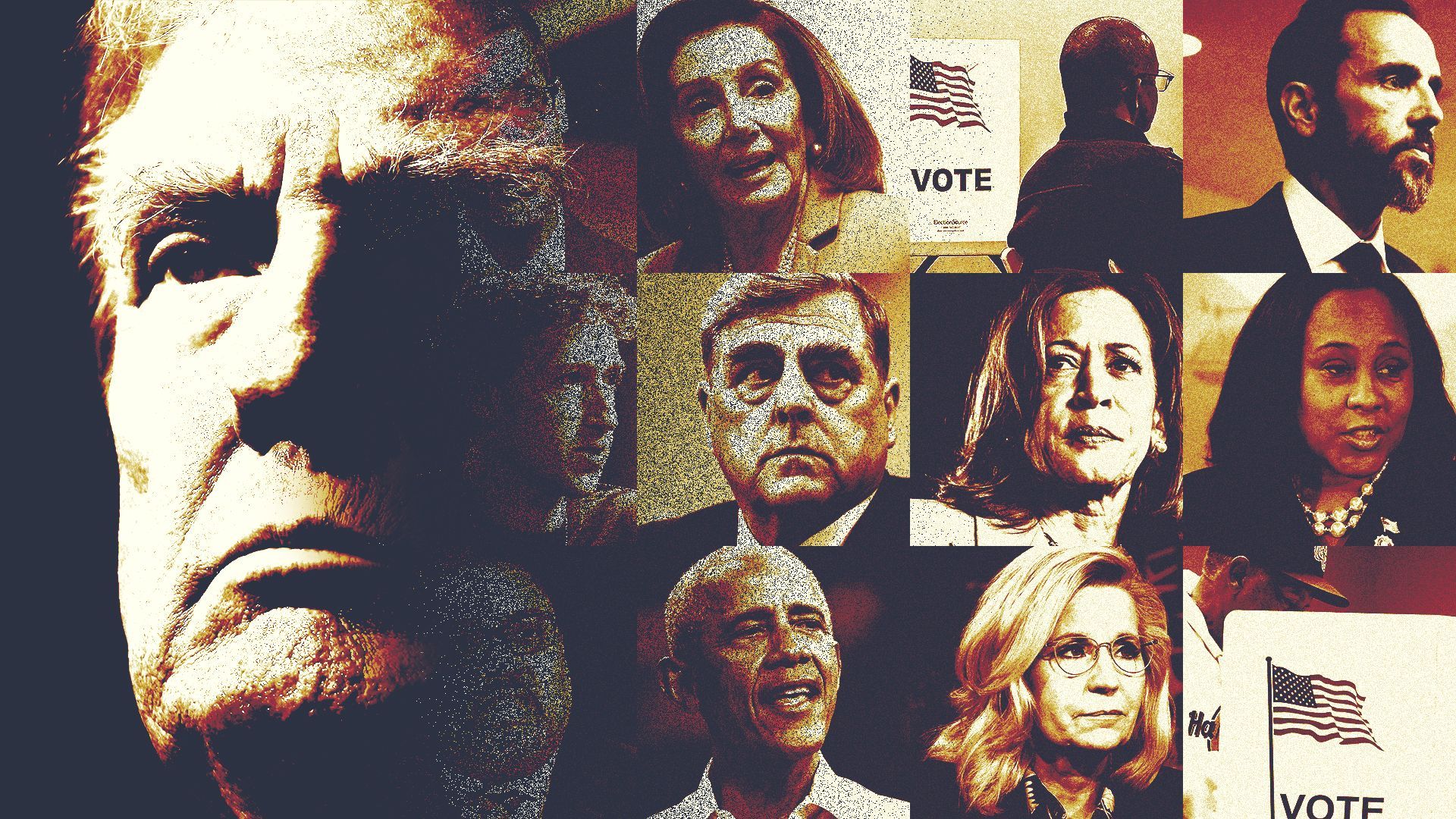 Photo illustration of Donald Trump's face fading to reveal a grid of photos of Sundar Pichai, Nancy Pelosi, a poll worker, Jack Smith, Mark Zuckerberg, Mark Milley, Kamala Harris, Fani Willis, Alvin Bragg, Barack Obama, Liz Cheney, and a voter.