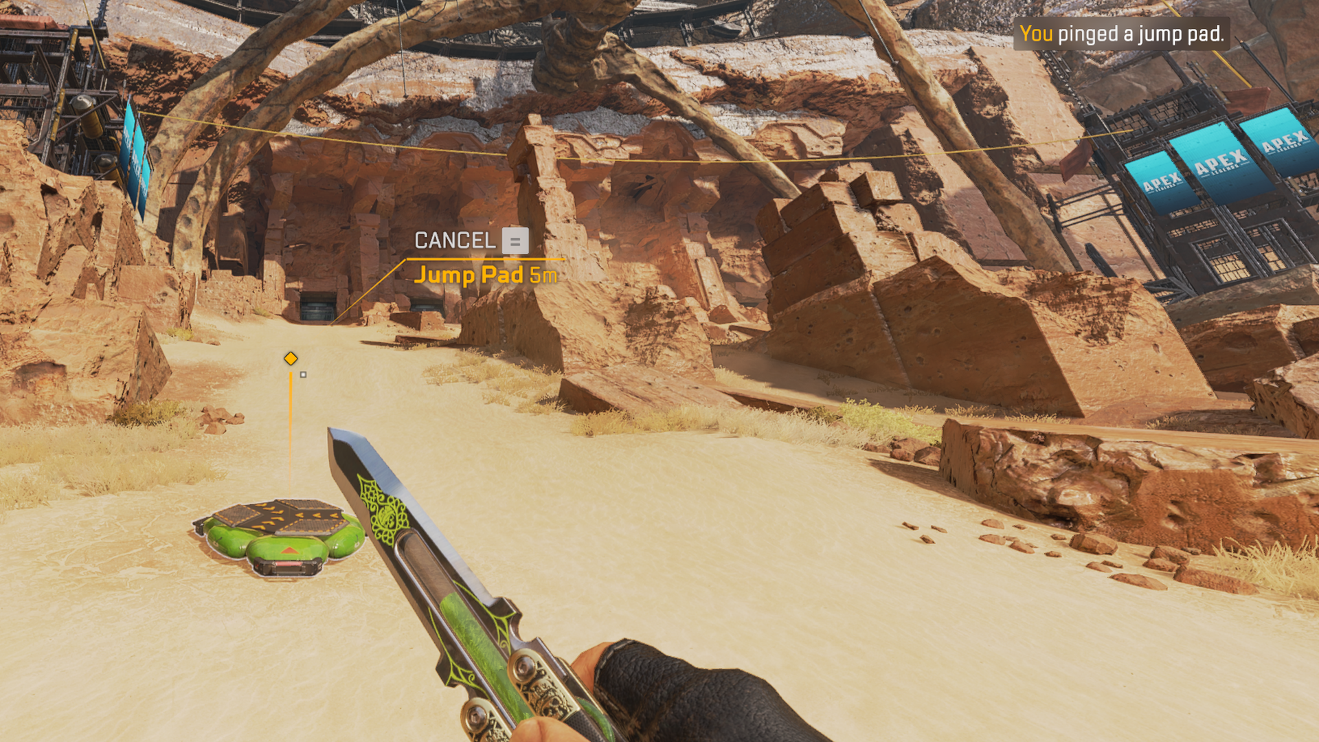 A player uses the Ping System in "Apex Legends" to let the team know of the placement of a Jump Pad.