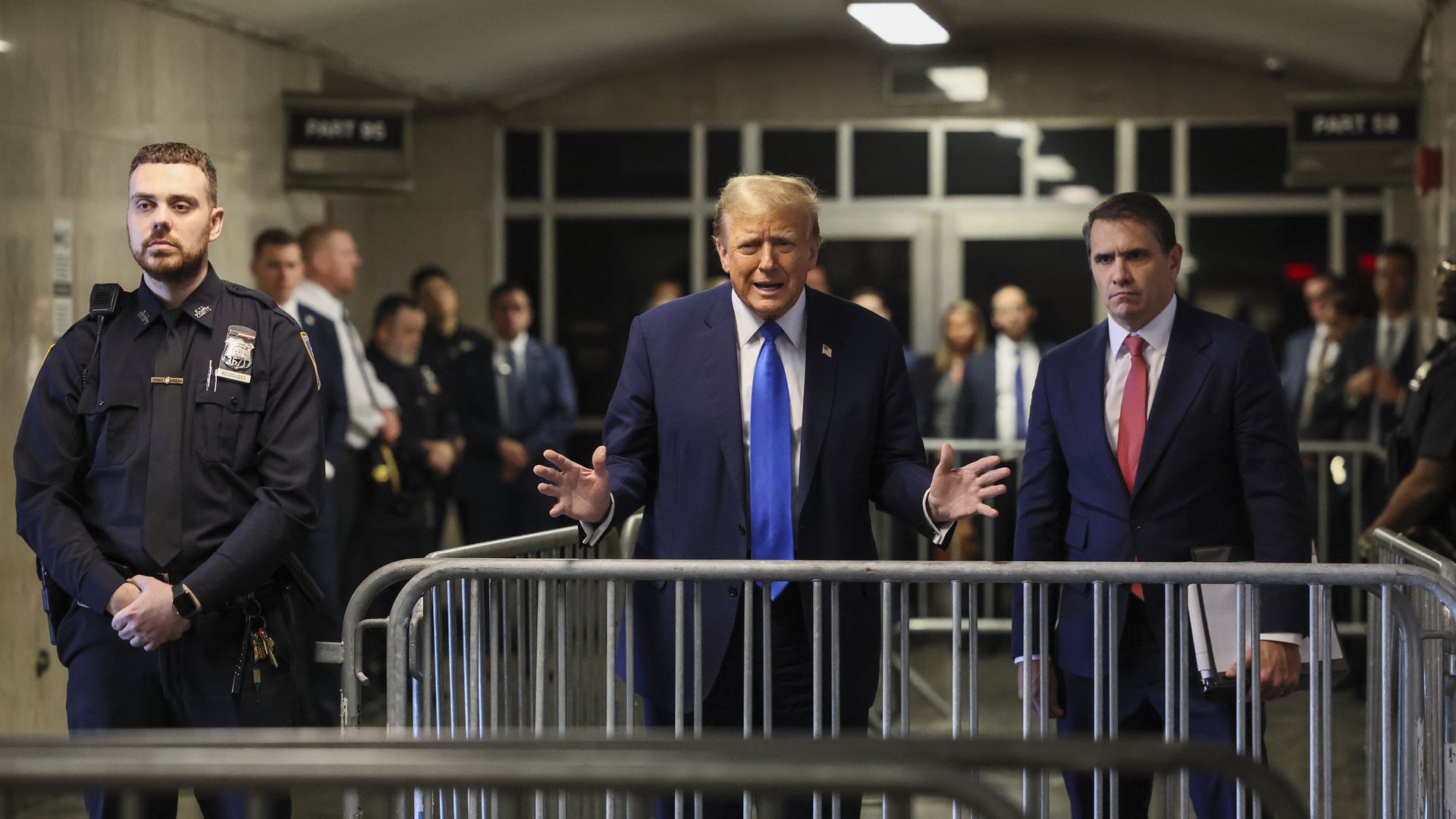 Former U.S. President Donald Trump speaks to the media outside of court during his trial for allegedly covering up hush money payments at Manhattan Criminal Court on April 22, 2024 in New York City.