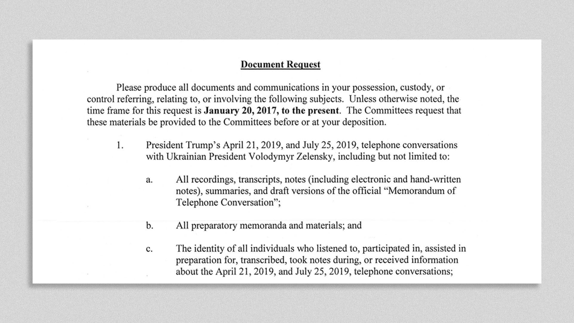 An excerpt from House Democrats' document request for Fiona Hill.