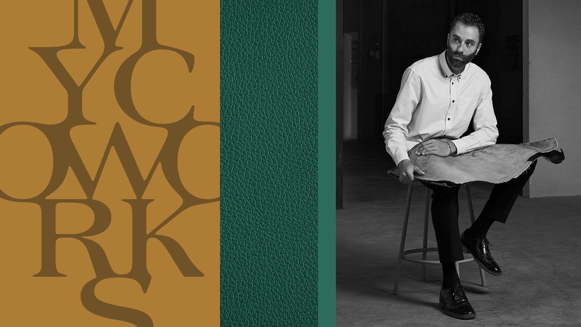 Photo illustration of Mathew Scullin, CEO of MycoWorks next to the MycoWorks logo. 