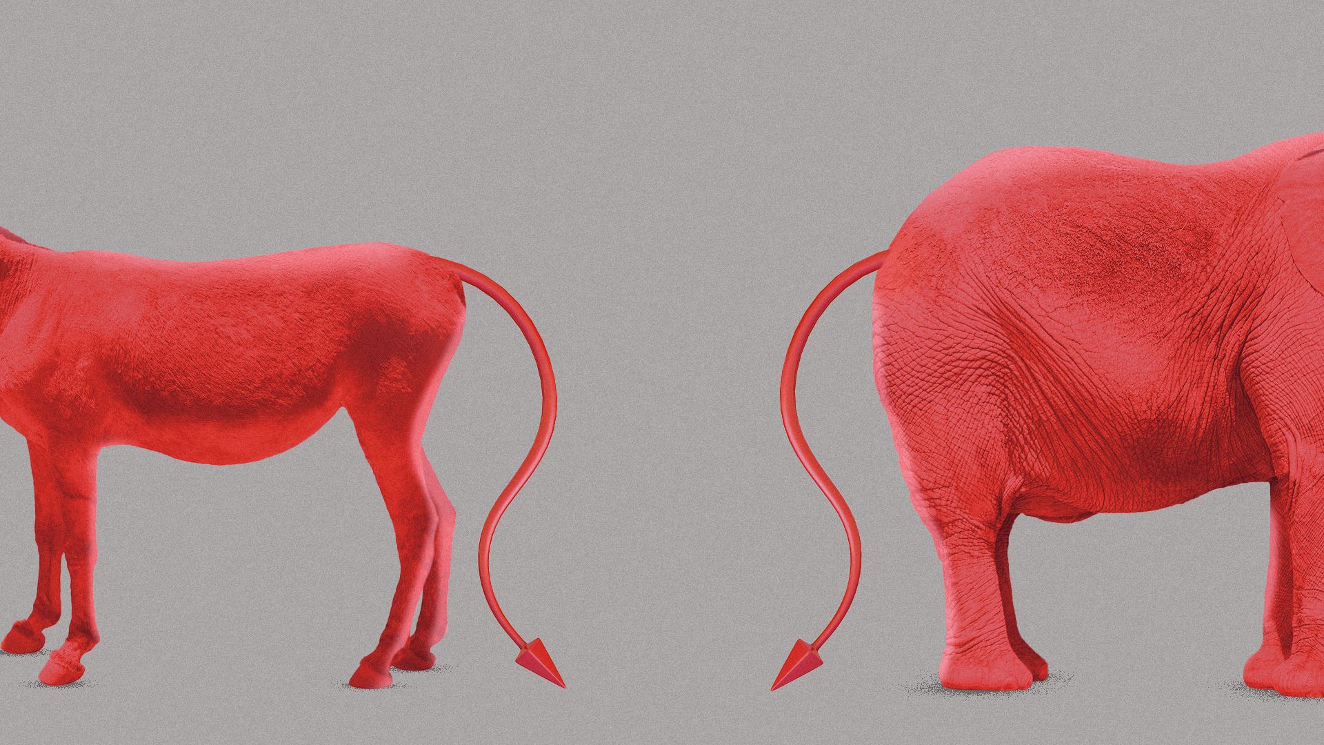 Illustration of an elephant and donkey facing away from each other, with each showing a devil-style tail.