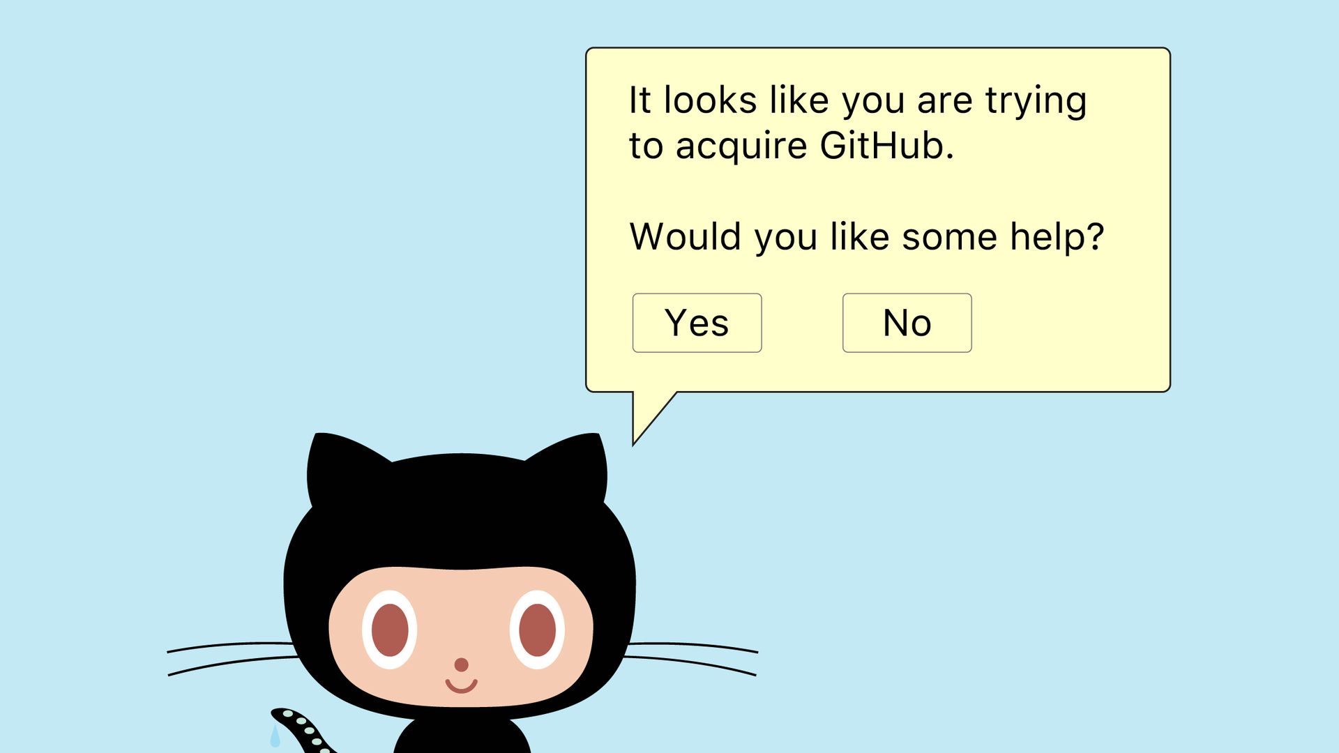 Cartoon of Github helper cat offering assistance dialogue box for corporate acquisition