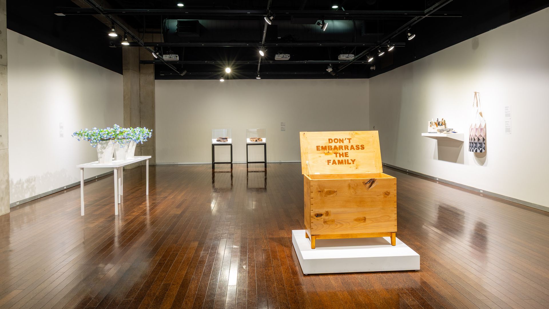Wide art gallery with a dark ceiling and track lighting. In the foreground center a wooden crate reads "DON'T EMBARRASS THE FAMILY". Left: white table with blue flowers; right: display shelves and a geometric sculpture.