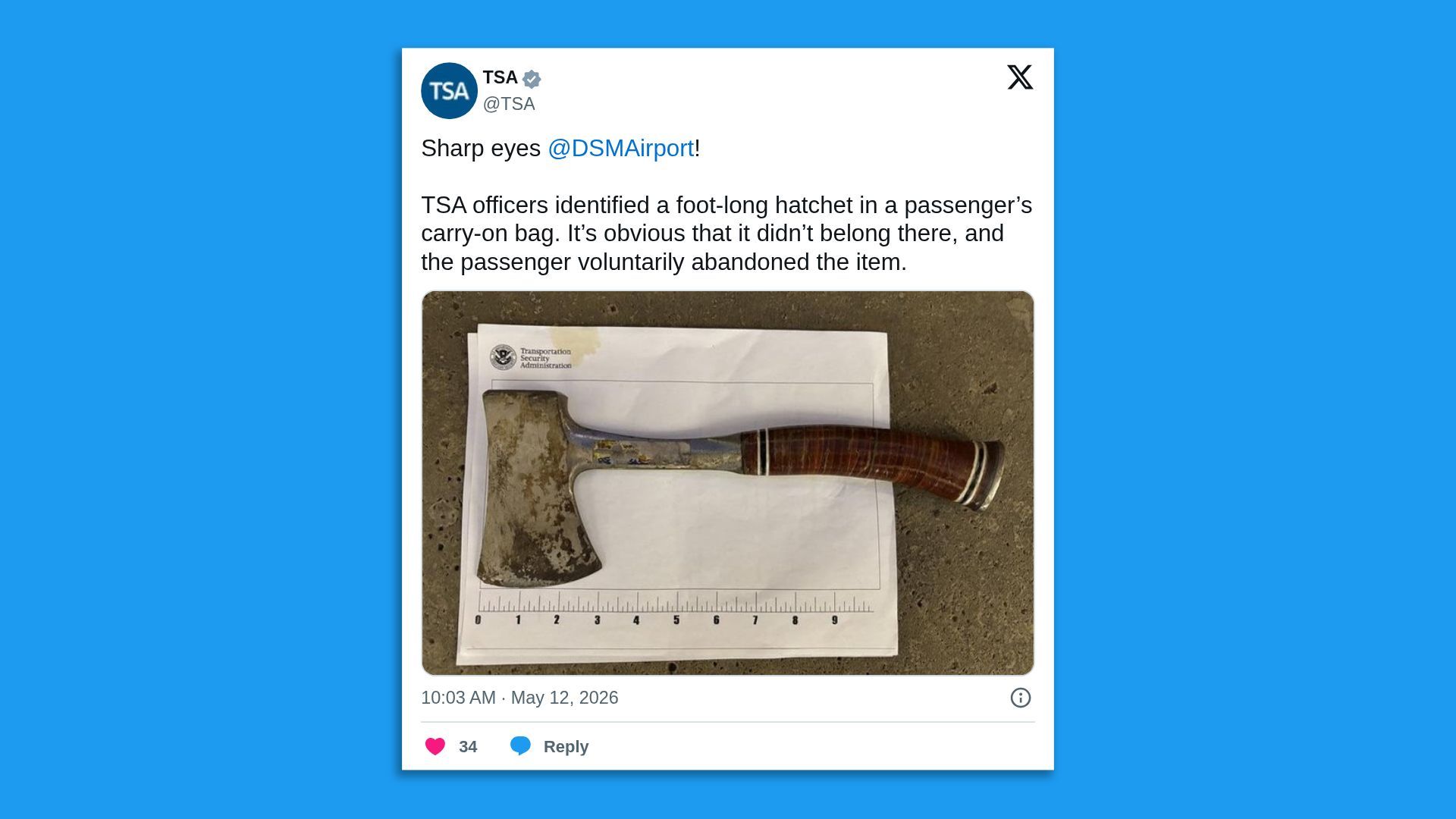 A tweet about a hatchet.