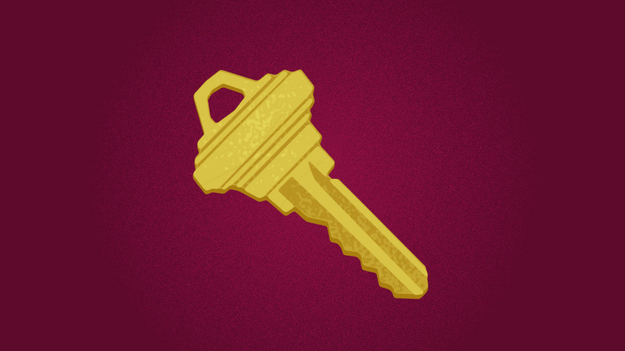 Illustration of a house key breaking into three parts, with the middle part falling.