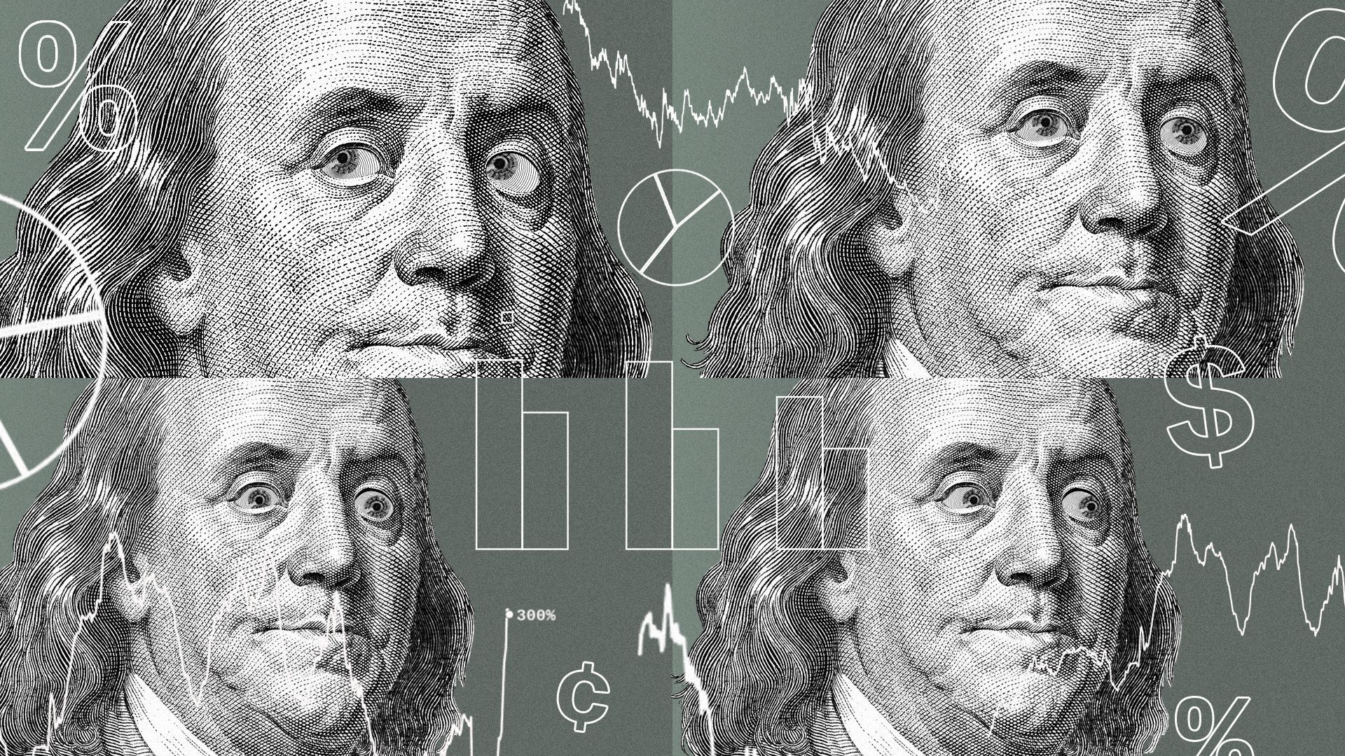 Illustration of four side eyeing Benjamin Franklins in quadrants with charts, graphs and symbols floating atop them