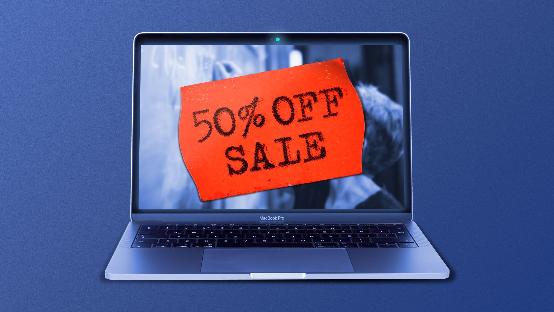 Illustration of a laptop open to an online class with a giant sticker that reads 50% off sale on its screen