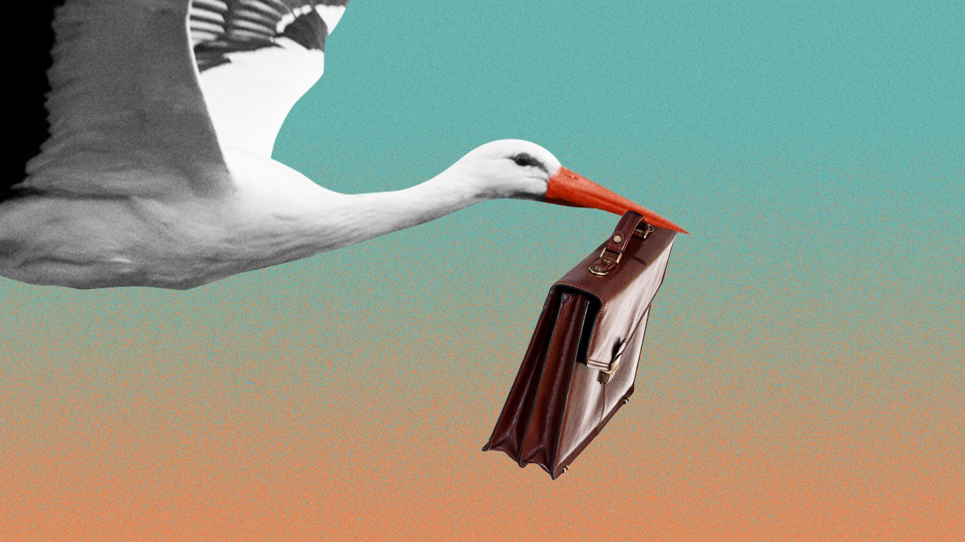 Illustration of a stork holding a briefcase.