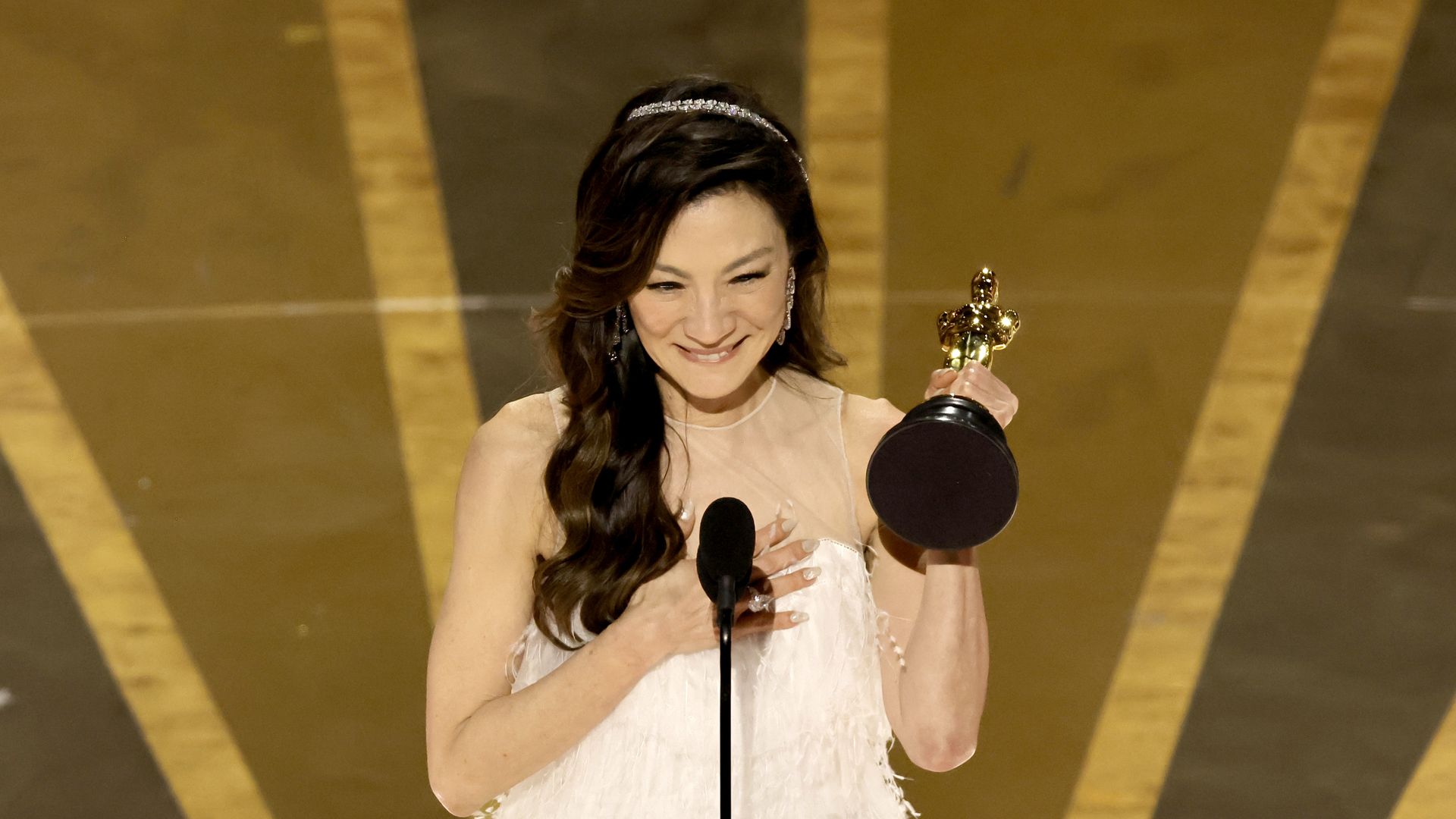 Michelle Yeoh accepts the Best Actress award for "Everything Everywhere All at Once" onstage during the 95th Annual Academy Awards at Dolby Theatre on March 12, 2023 in Hollywood, California. 