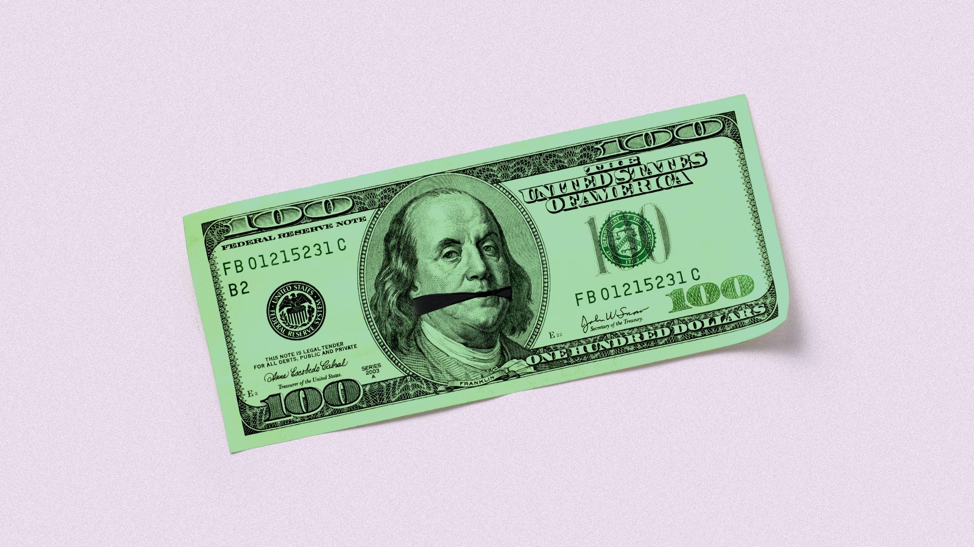 Illustration of a hundred dollar bill with a gag around Benjamin Franklin's mouth
