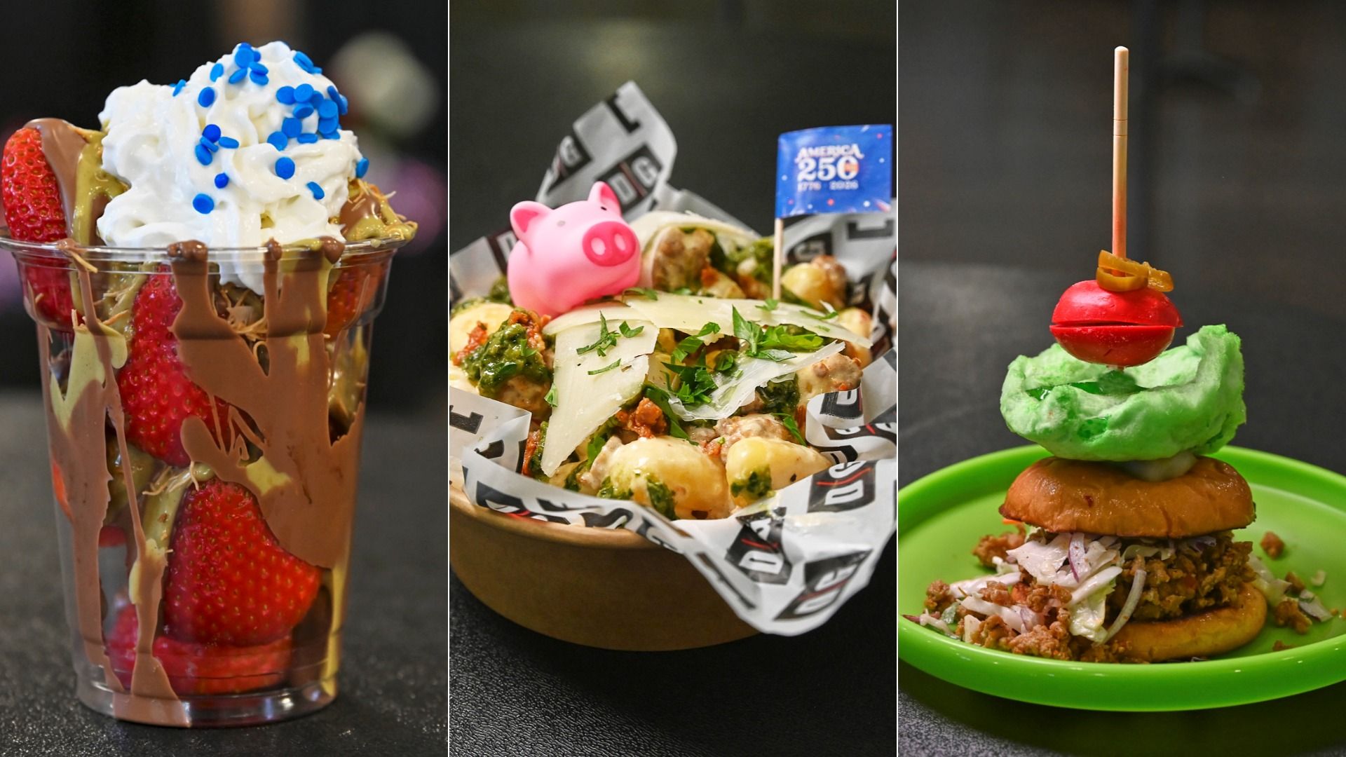 Triptych of treats: left chocolate-drizzled strawberry dessert cup; center wrap with a pink pig figurine and an "America 250" flag; right burger with a red candy on a skewer over green ice cream.