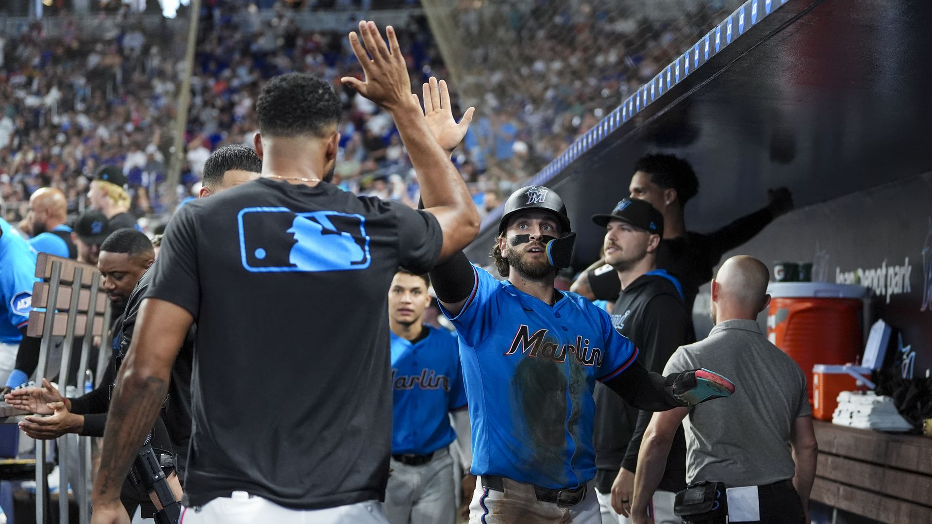 MIAMI, FLORIDA - SEPTEMBER 28: Connor Norby #1 of the Miami Marlins celebrates in the game against the New York Mets at loanDepot park on September 28, 2025 in Miami, Florida. (Photo by Jasen Vinlove/Miami Marlins/Getty Images)
