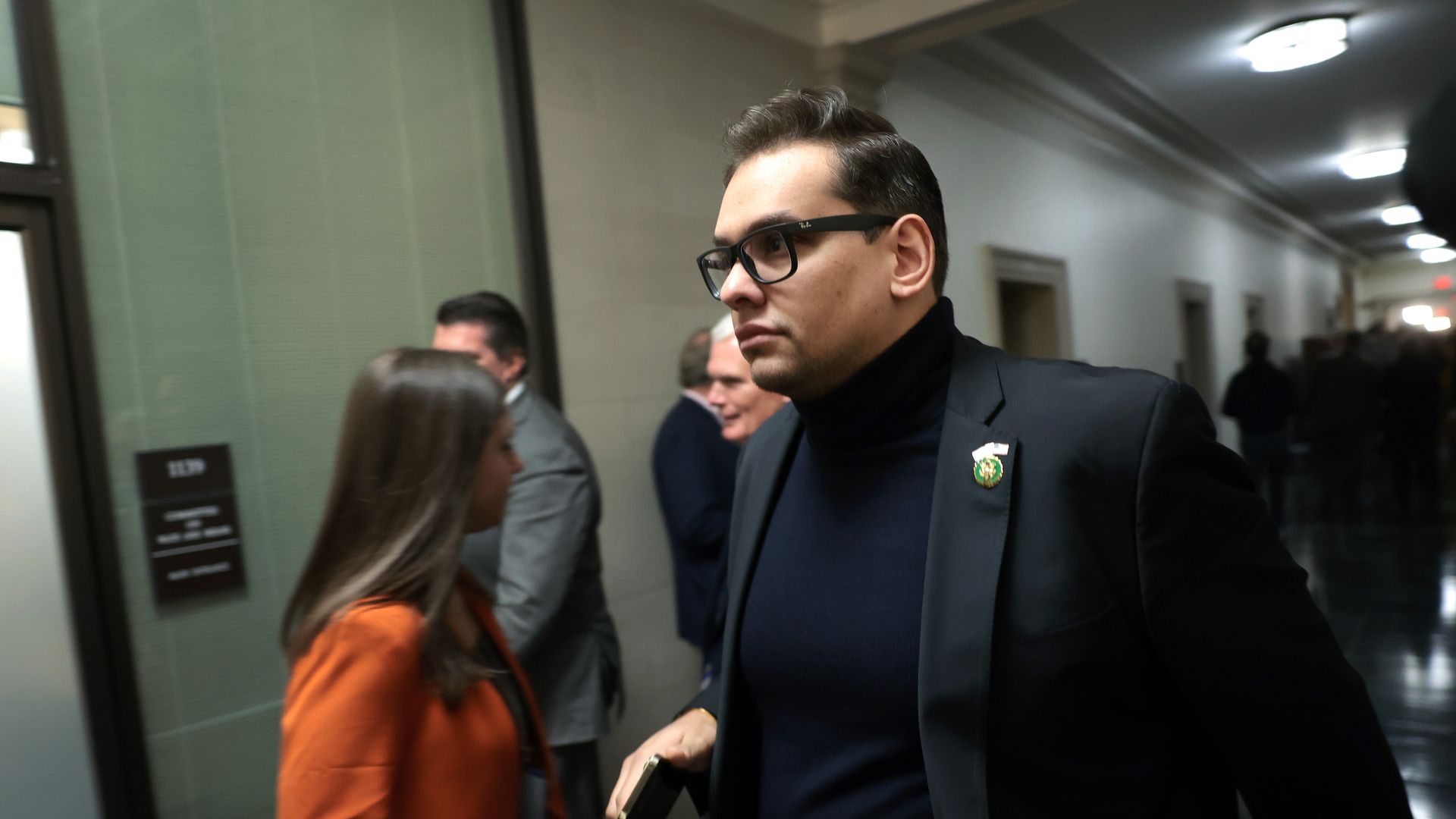 U.S. Rep. George Santos (R-NY) leaves a House Republican candidates forum where congressmen who are running for Speaker of the House presented their platforms in the Longworth House Office Building on Capitol Hill on October 23, 2023 in Washington, DC.