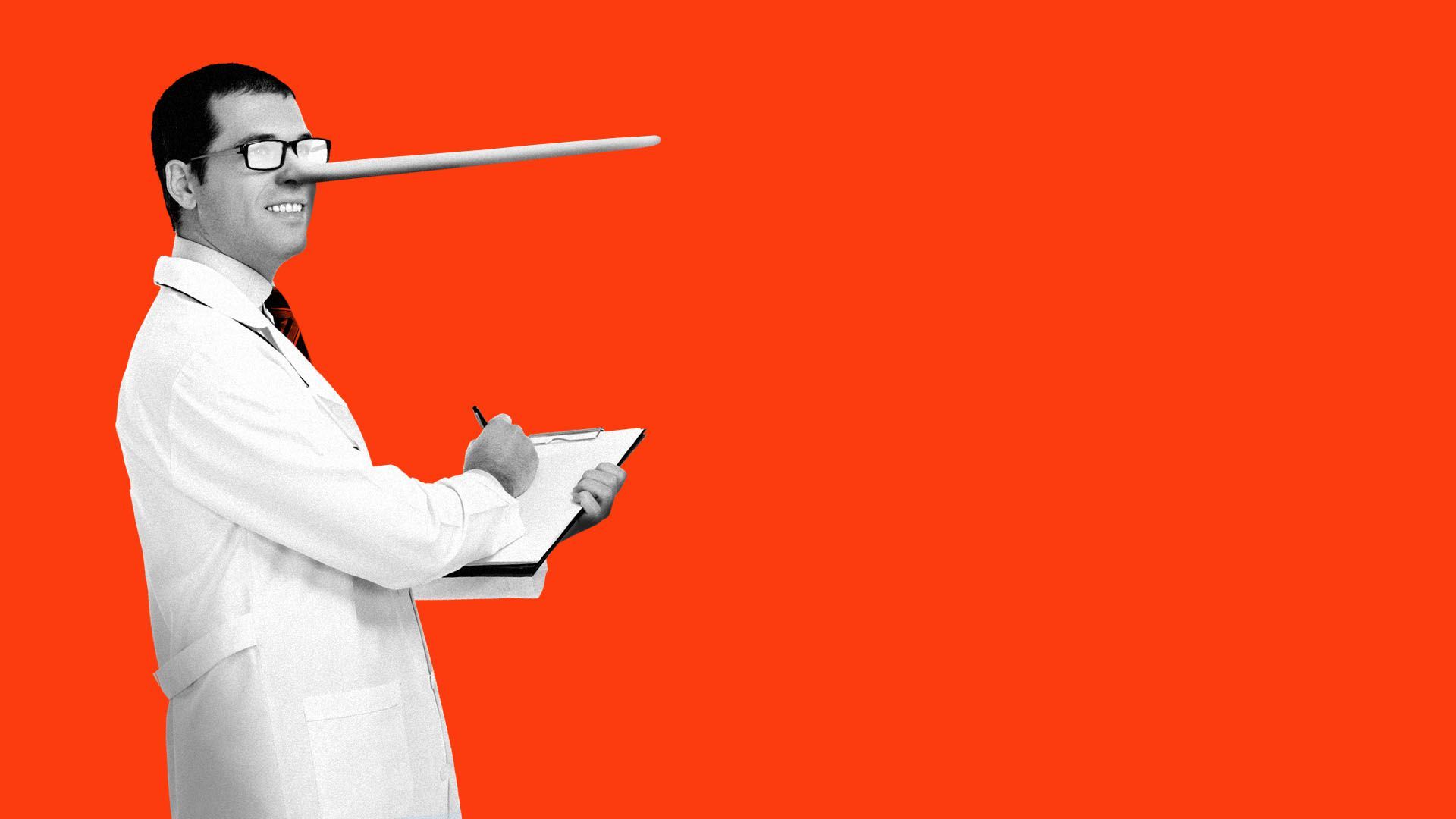 Illustration of a doctor with a long Pinocchio nose