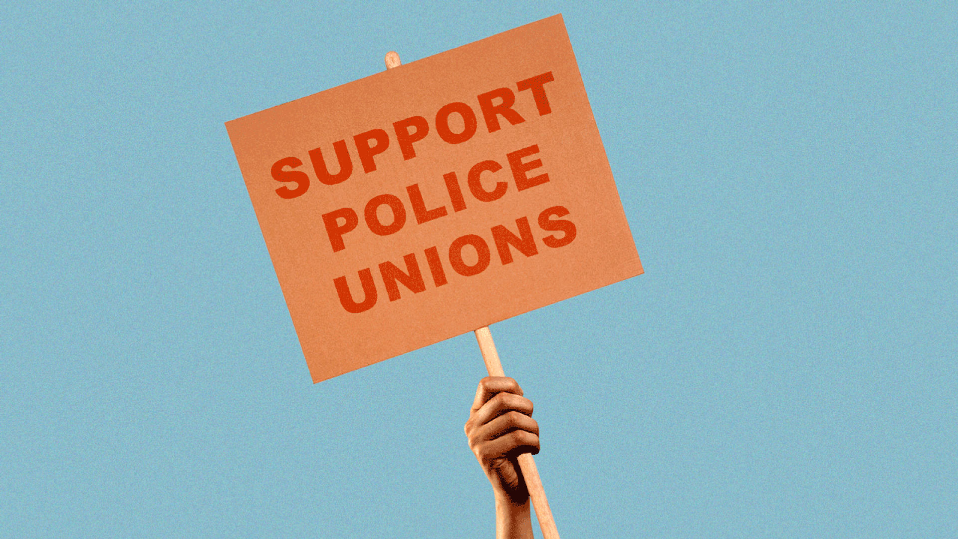 Illustrated GIF of a protestor with signs flipping between saying support police unions and no justice, no peace