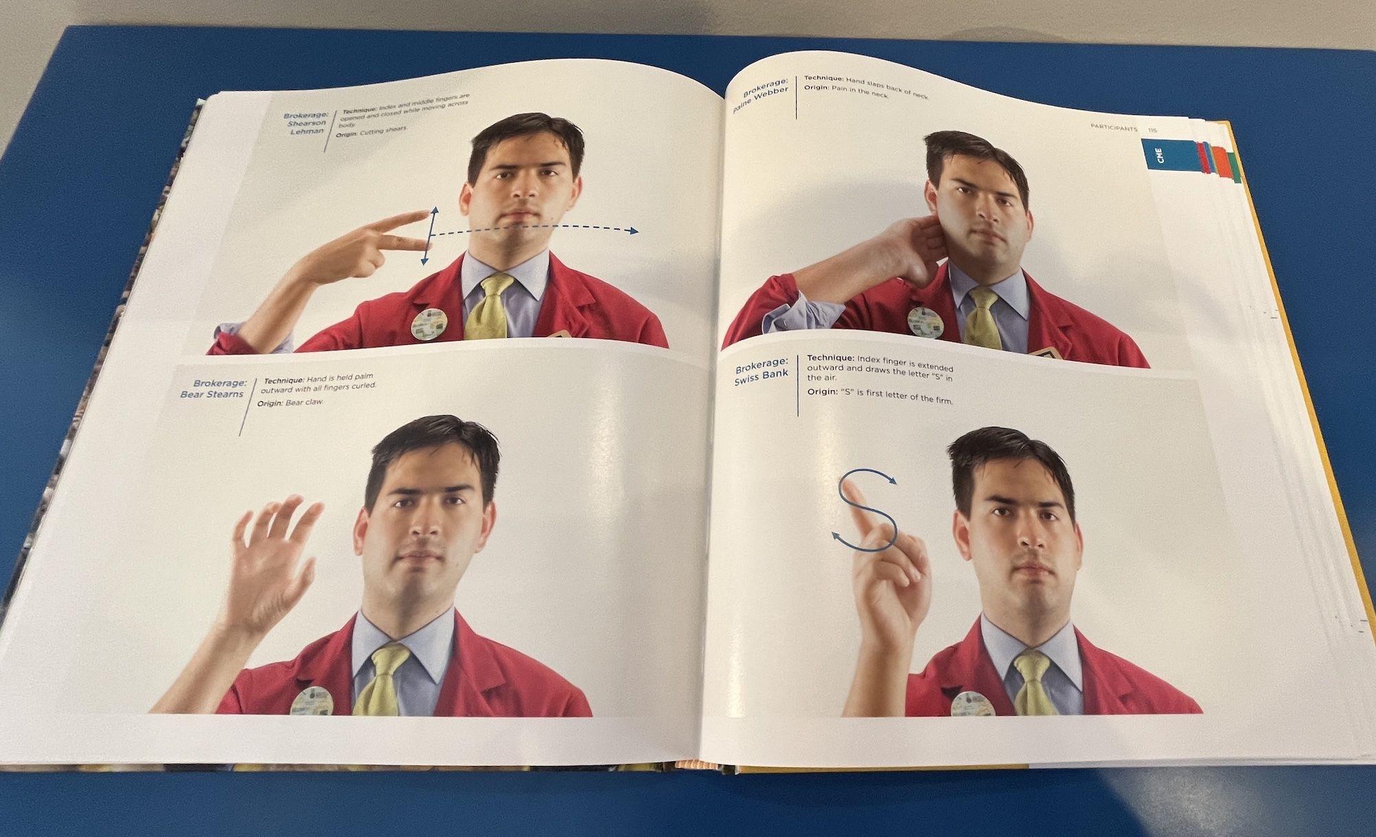 An open book with a man in a red jacket doing the hand signs that traders use on the trading floor.