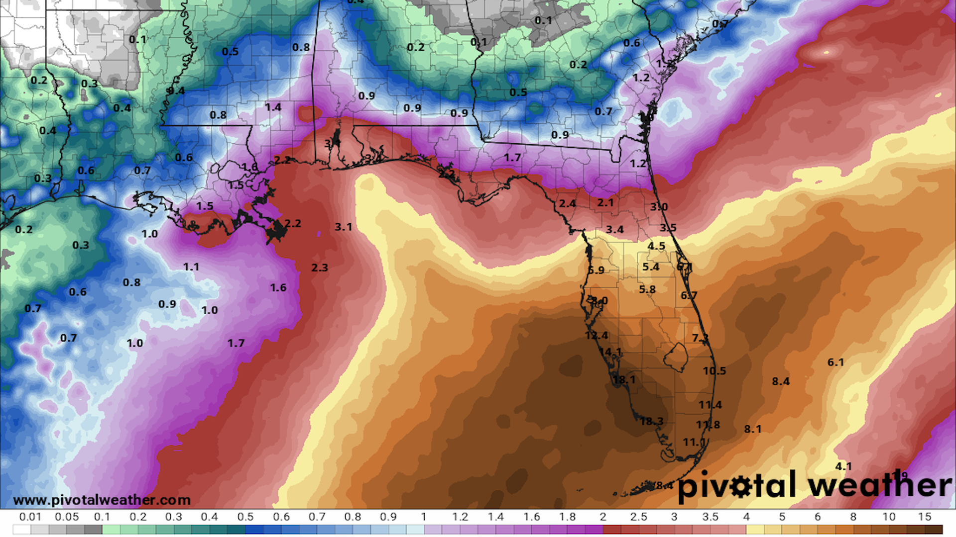 Map of forecast rainfall amounts through Sunday morning across Florida and nearby states.