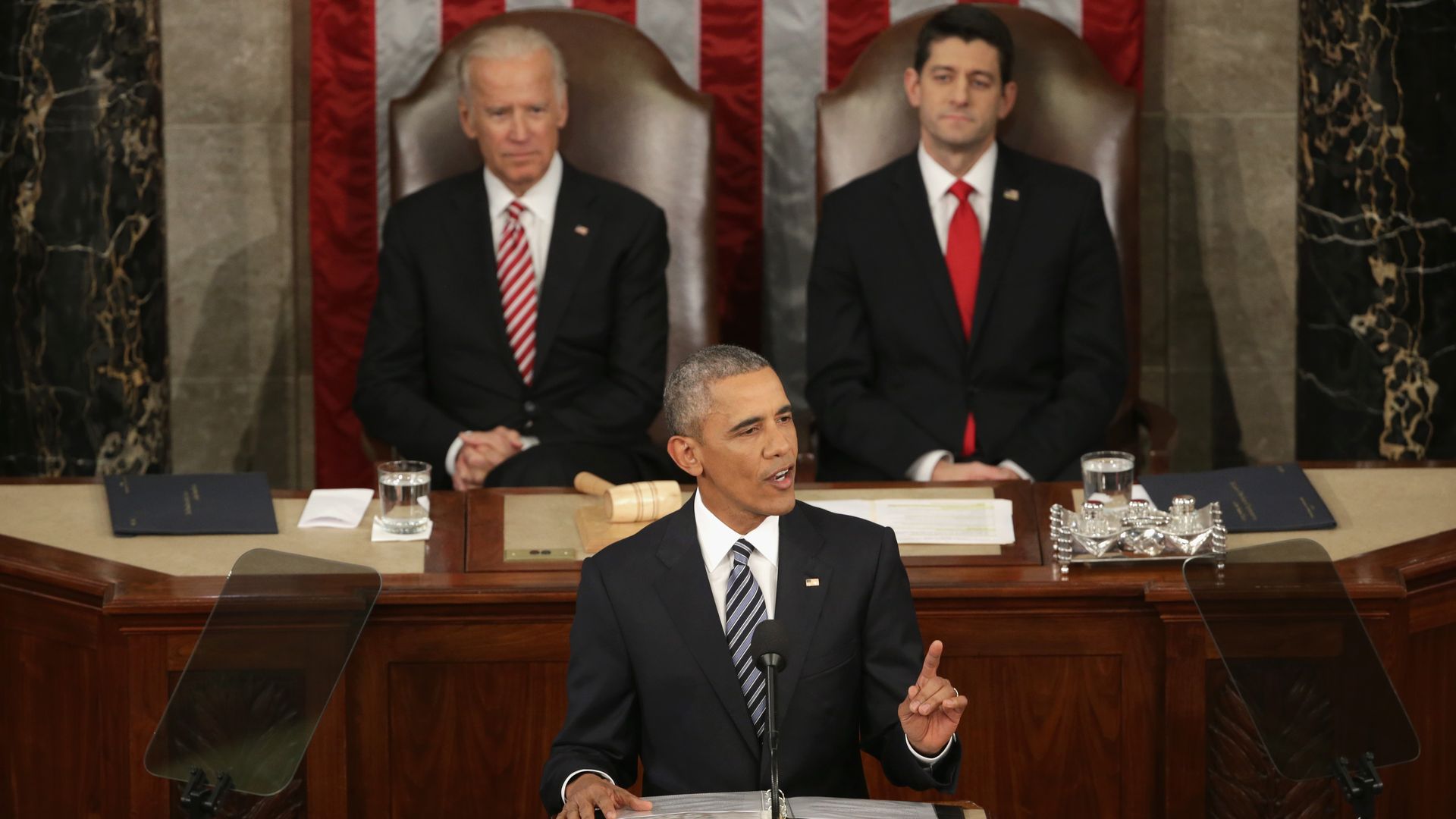 Vice President Joe Biden and House Speaker Paul Ryan are seen sitting behind President Obama as he delivers his final State of the Union address in  January 2016.