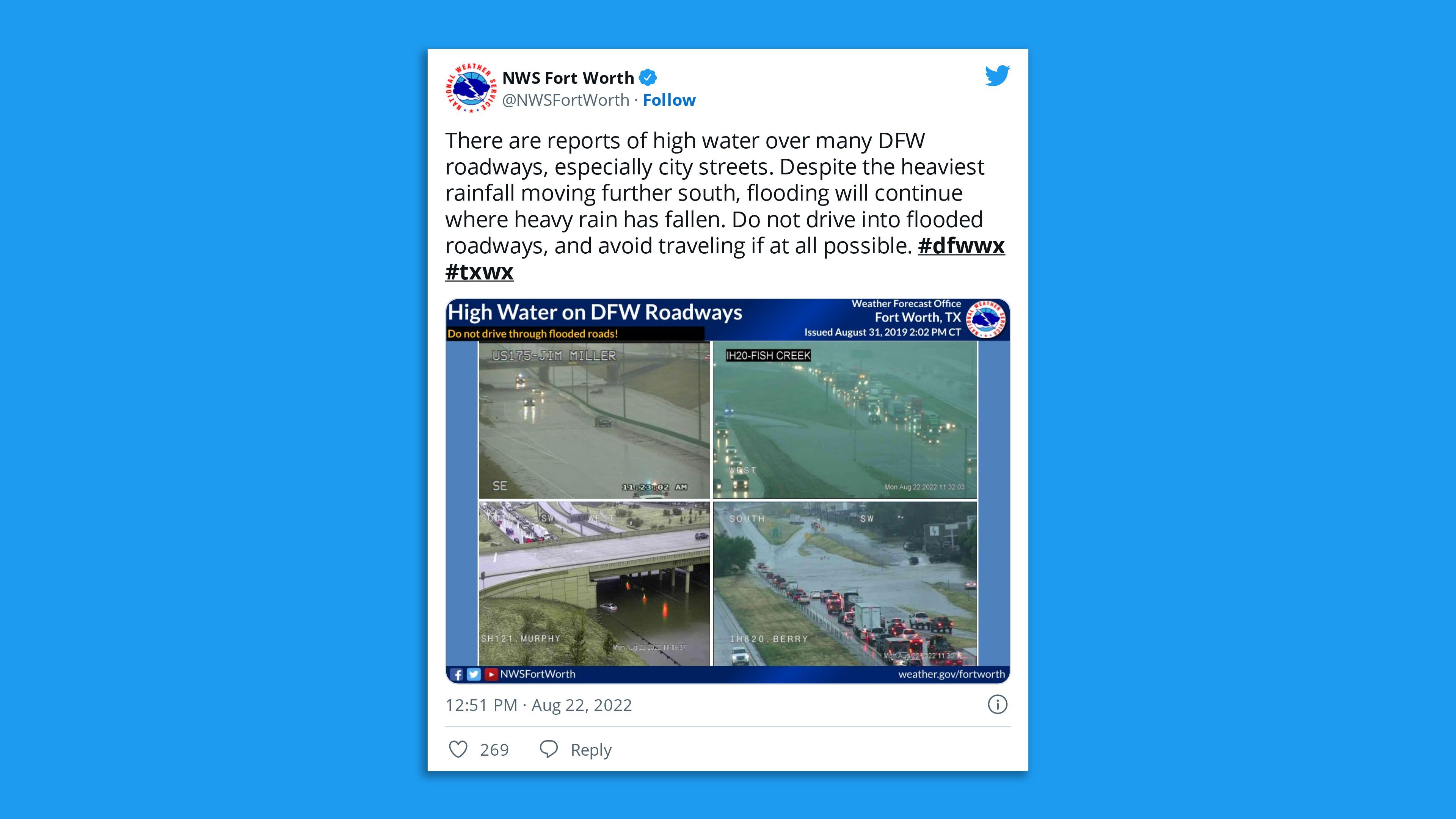 A screenshot of an NWS Fort Worth tweet of images from security cameras showing flooding on roads in the region.