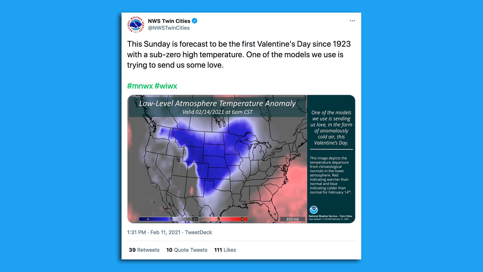a tweet showing cold temperatures and a heart-shaped weather pattern for the midwest on valentines day weekend