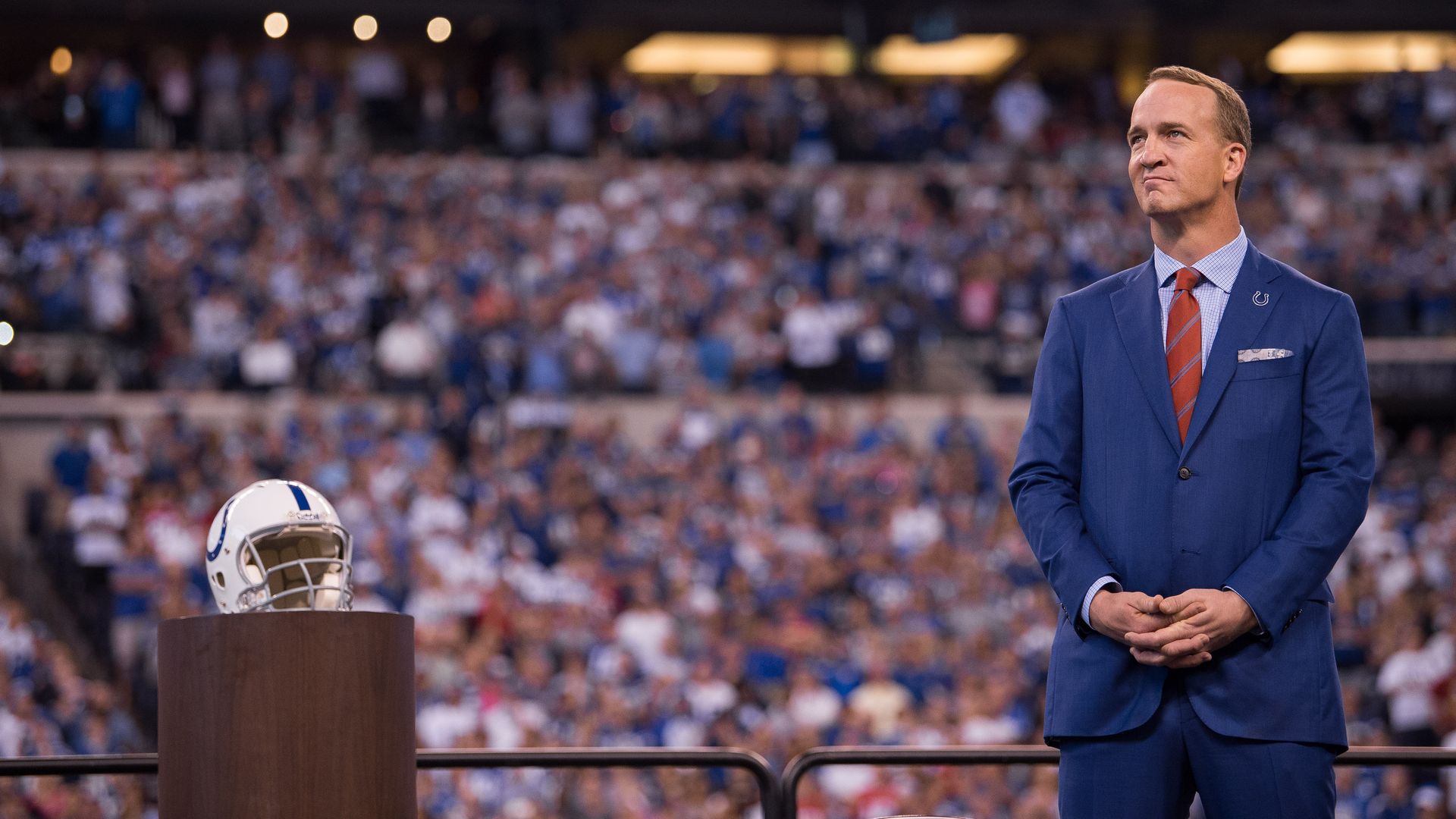 Peyton Manning during his retirement ceremony in Indianapolis