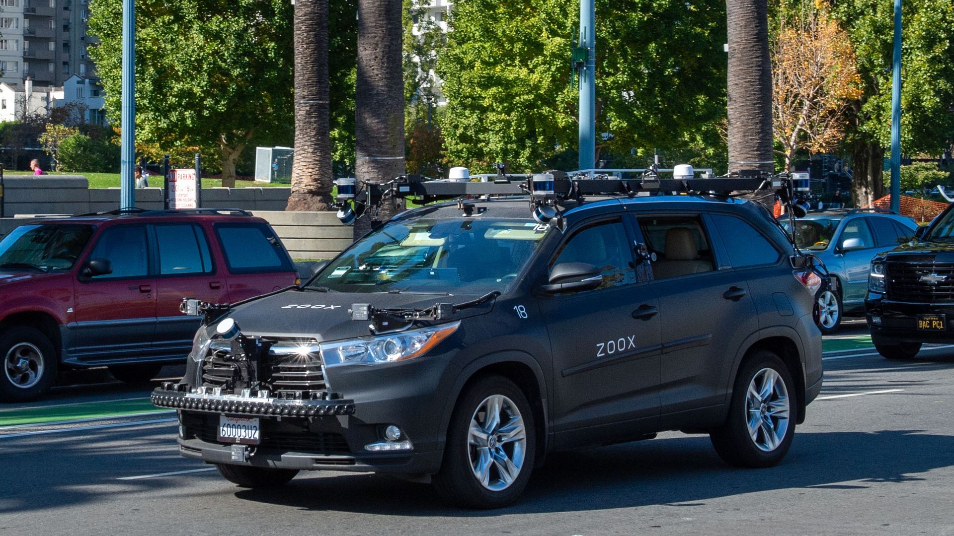 A Zoox robot car is on a test drive. 