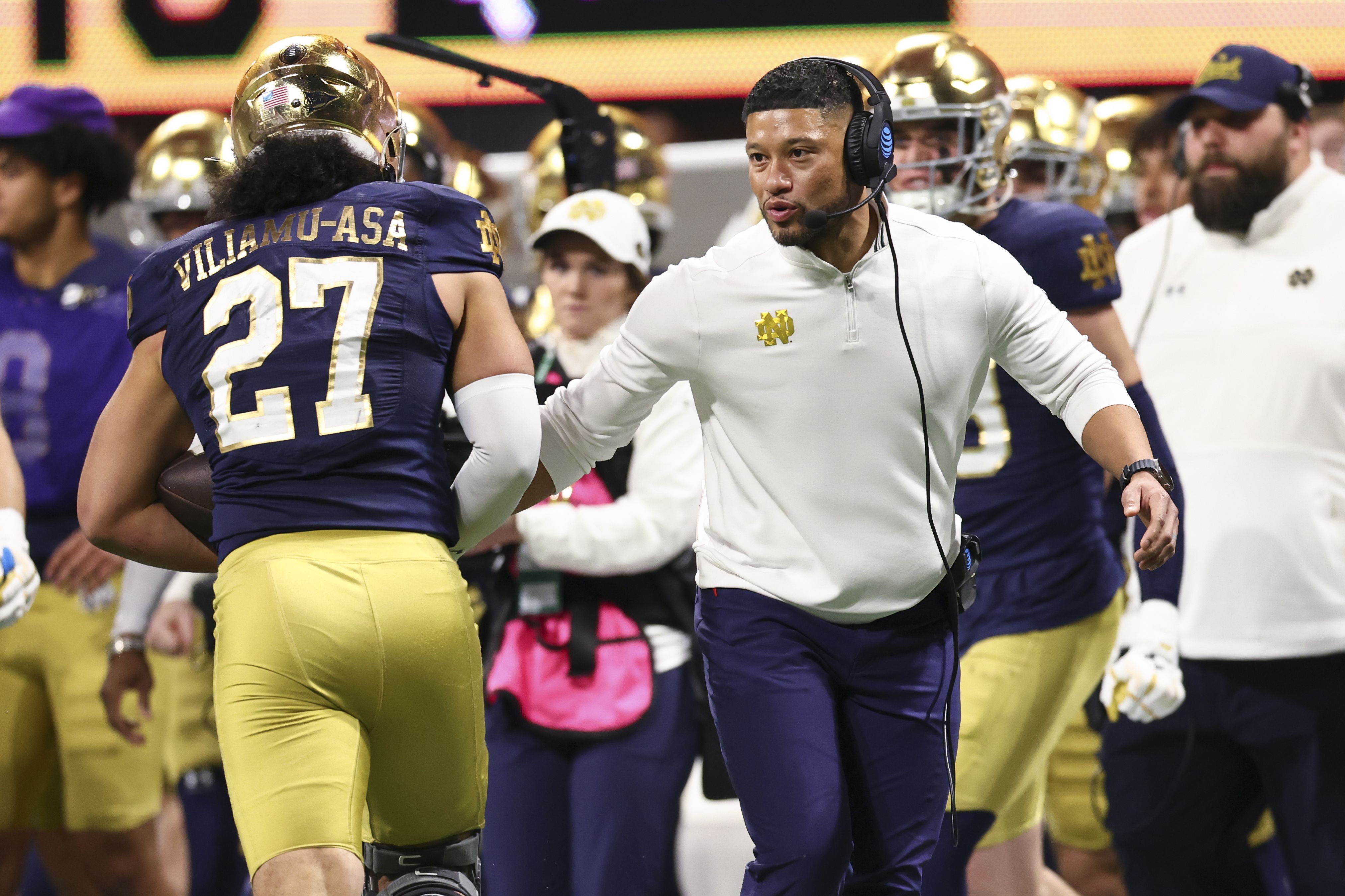 Head coach Marcus Freeman of the Notre Dame Fighting Irish reacts after a turnover against the Ohio State Buckeyes during the second half of the 2025 College Football Playoff National Championship held at Mercedes-Benz Stadium on January 20, 2025 in Atlanta, Georgia. (Photo by Jamie Schwaberow/Getty
