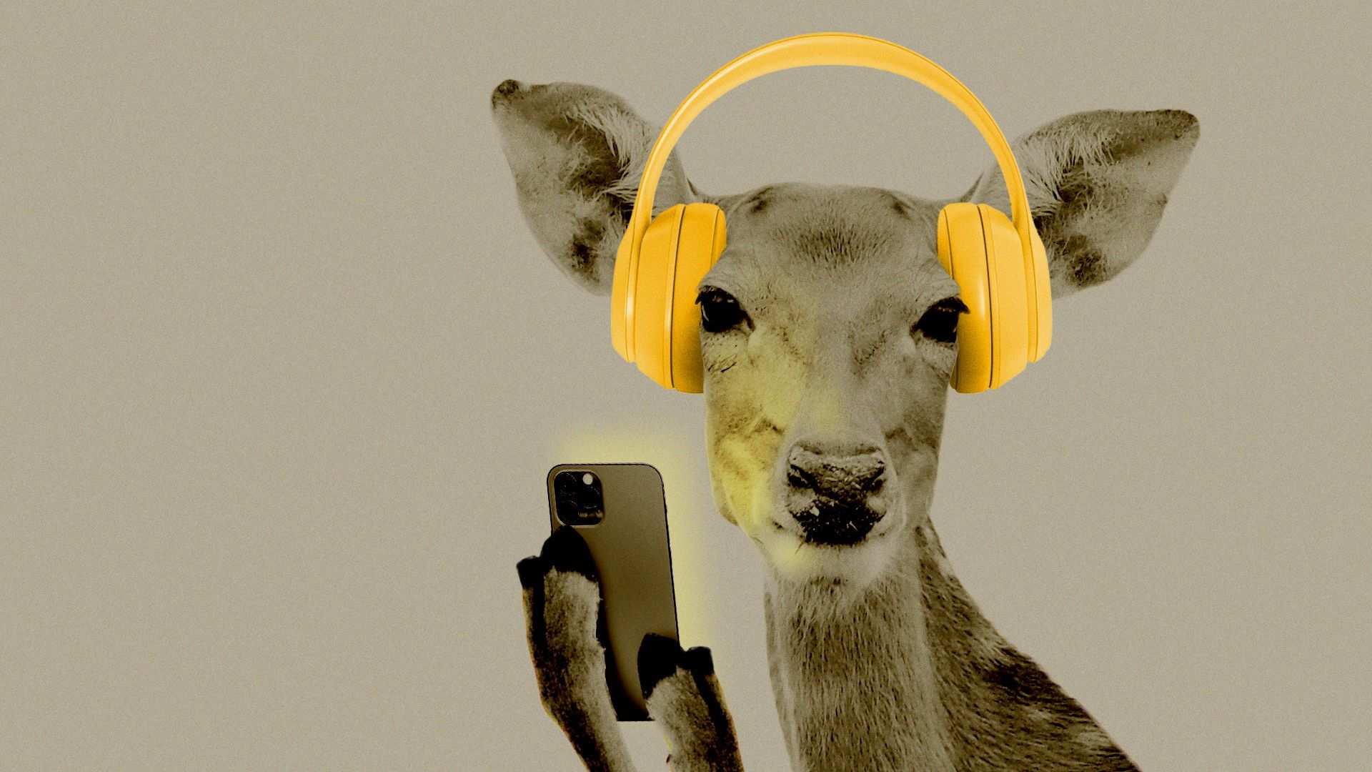 Illustration of a deer looking at its phone and wearing yellow headphones.
