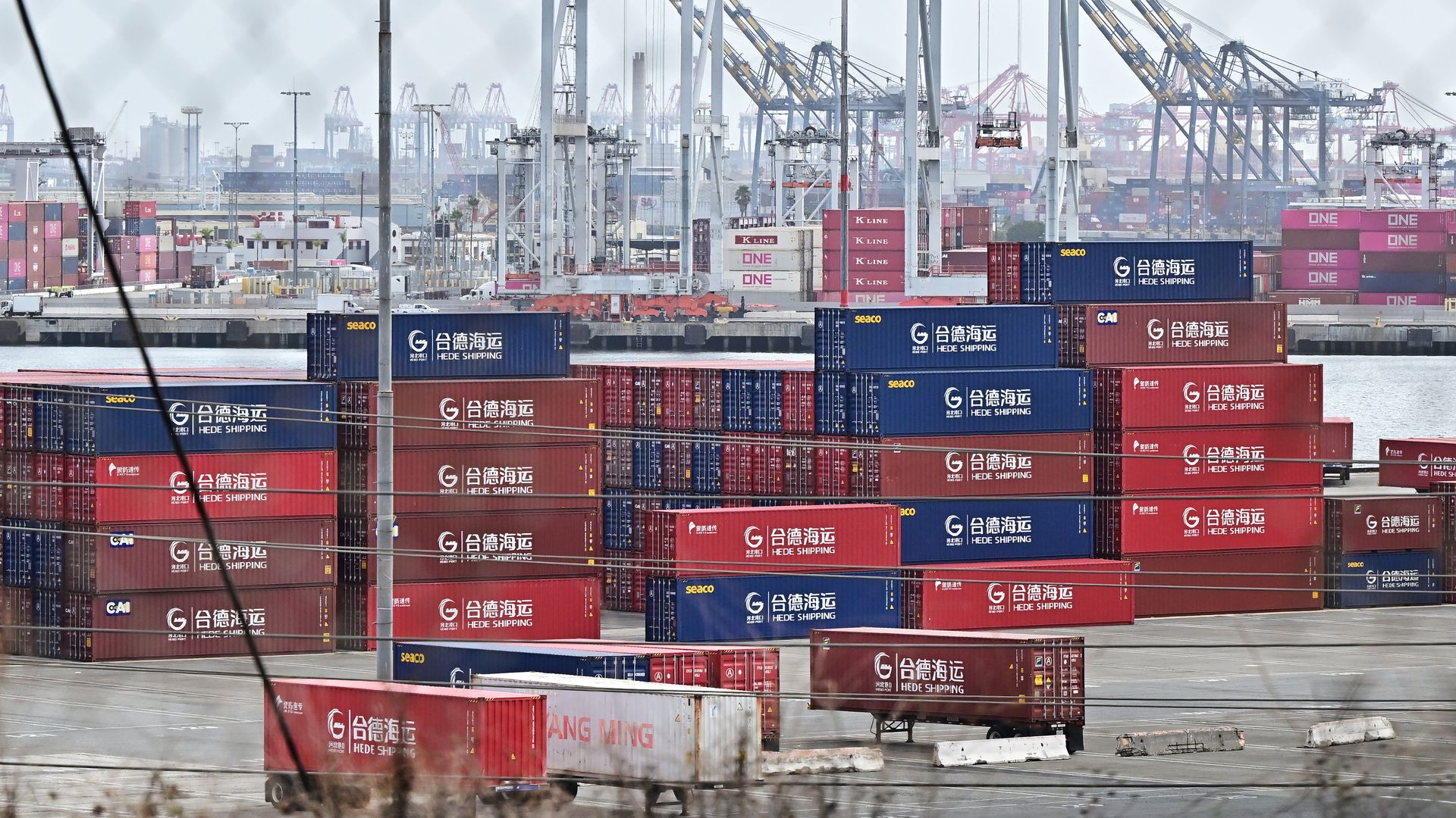 Shipping containers from Hede Shipping, from the Chinese state-owned Hebei Port Group, are seen stacked at the Port of Los Angeles
