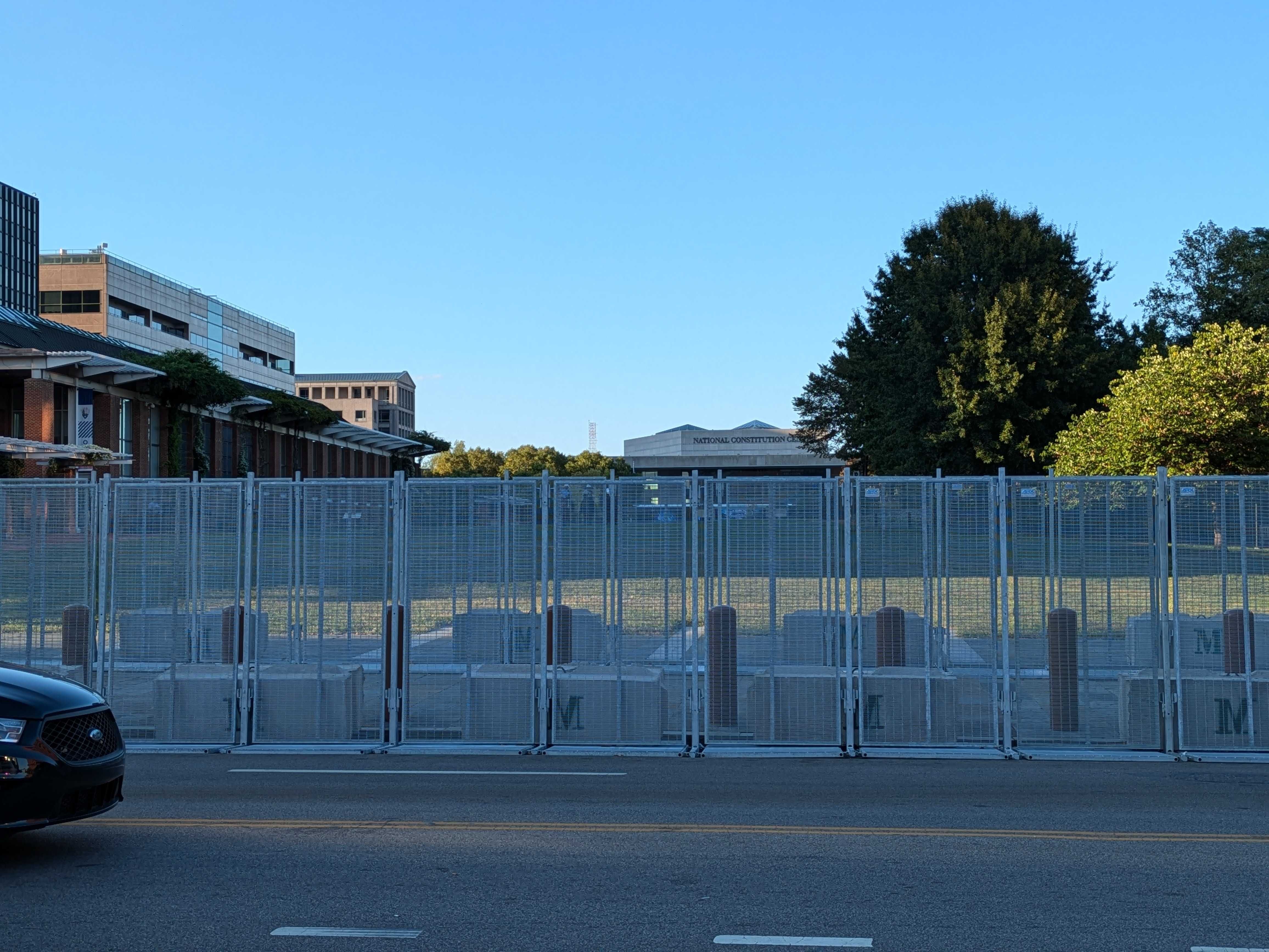 Large metal fencing blocks access to the National Constitution Center.