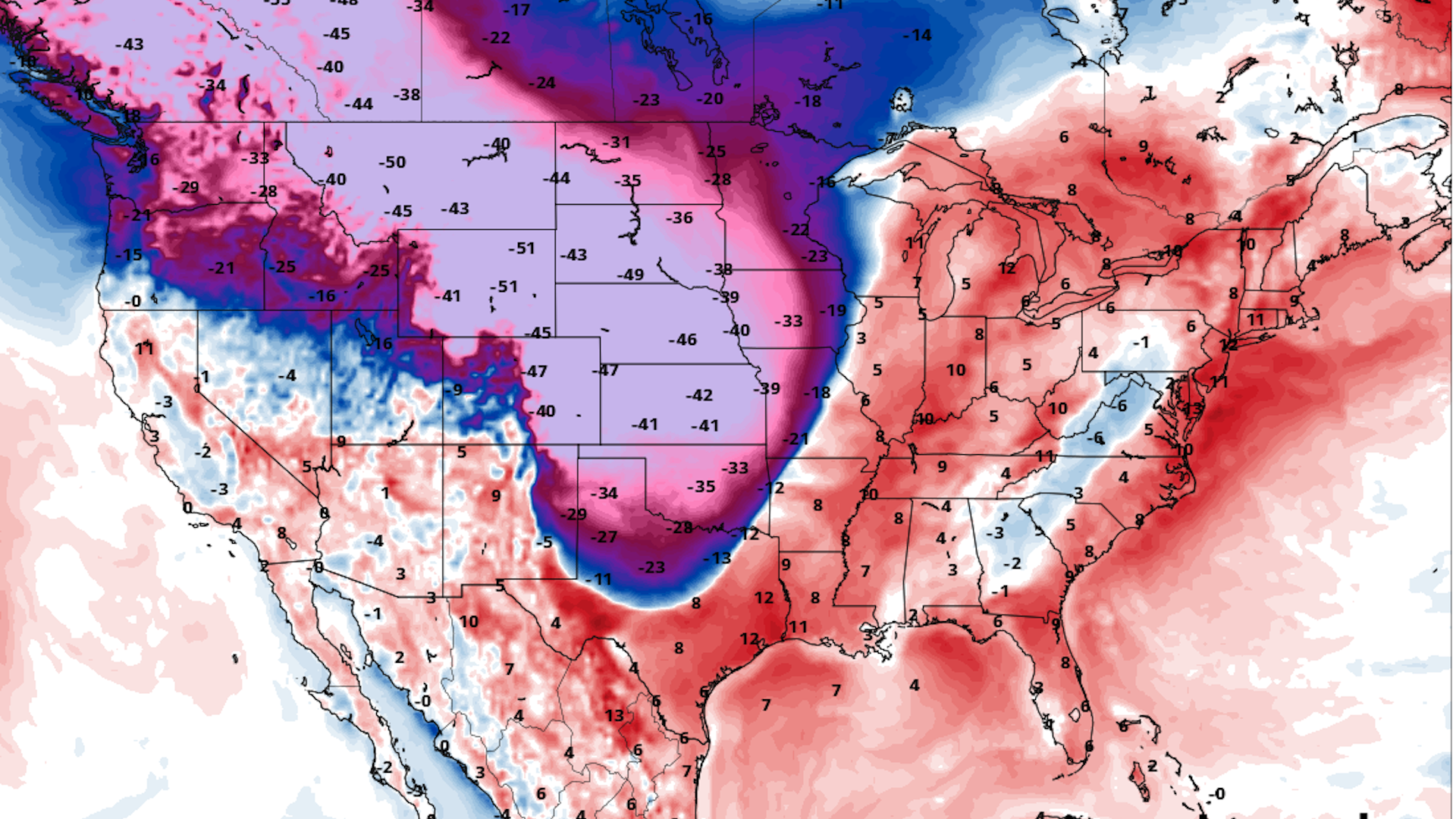 Computer model projection showing temperature departures from average by late this week.