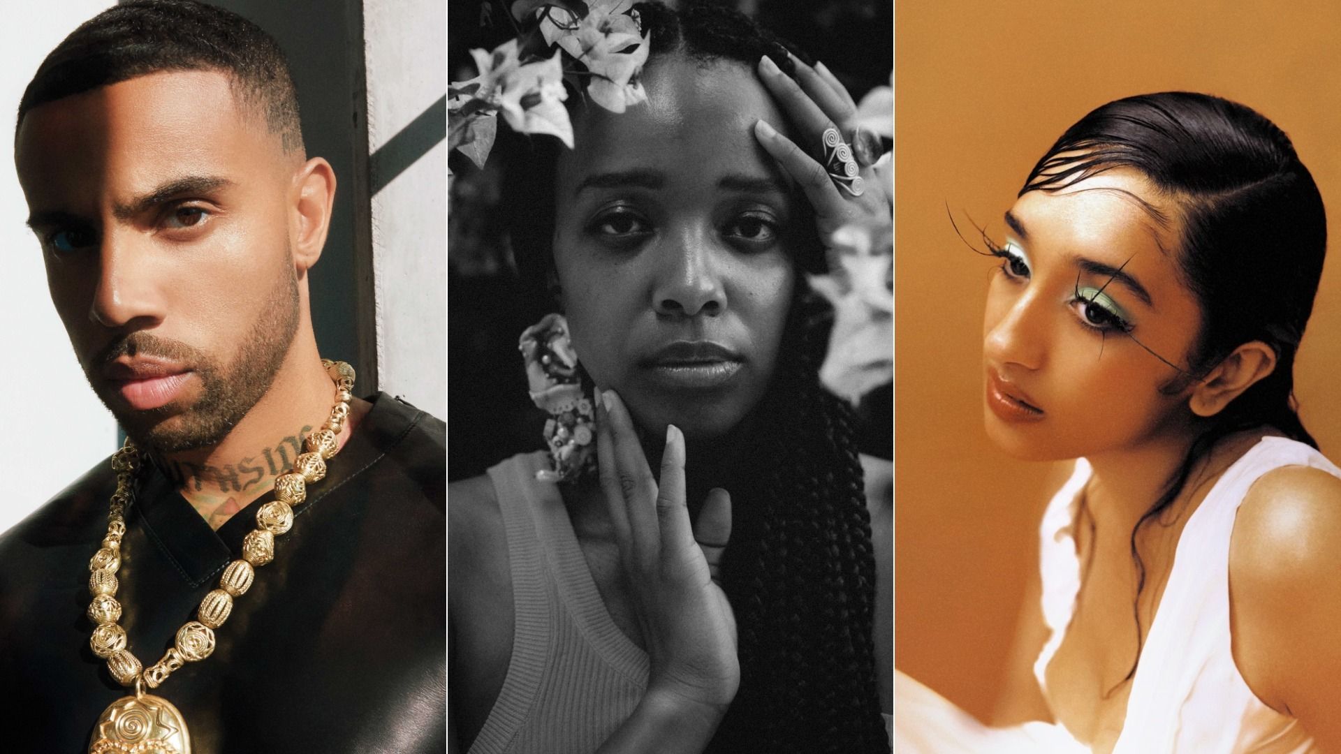 Three portraits: man with dark hair, beard, gold chain, tattoo on neck; black-and-white of woman with braided hair, flowers, hand on face; woman with dark slicked hair, bold eye makeup, white top, orange background.