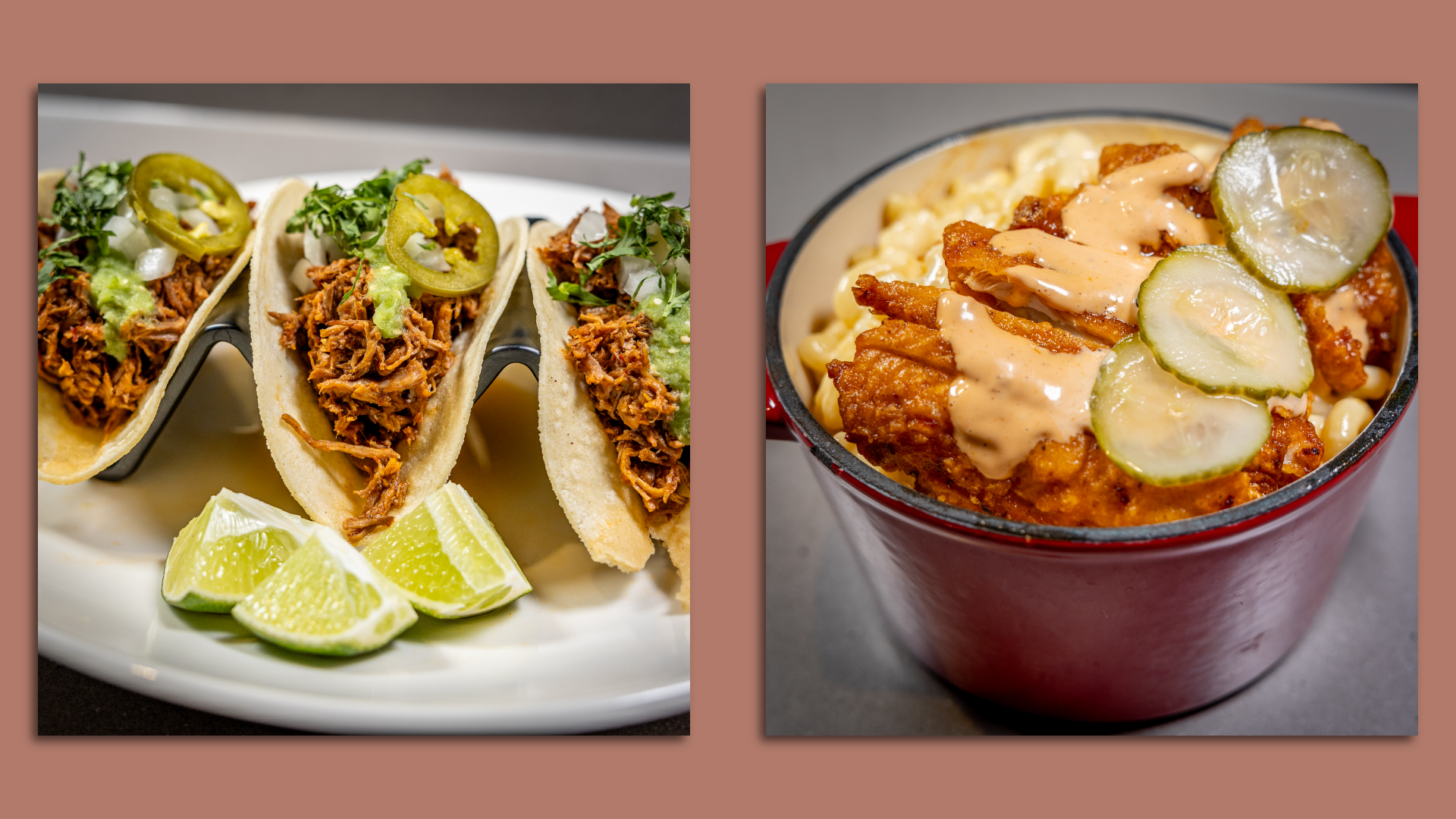 Little Miner Tacos (left) and loaded fried chicken mac 